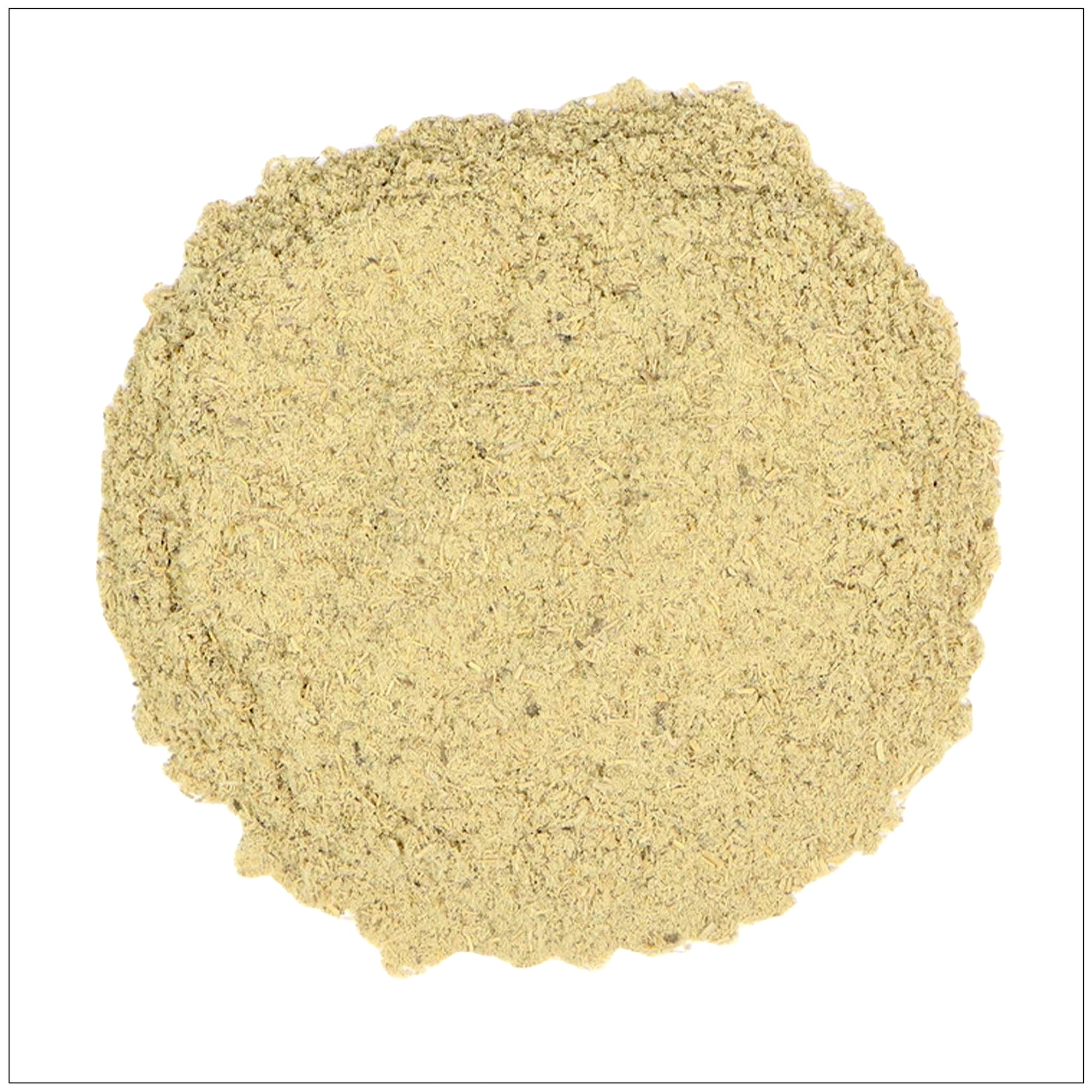 Muira Puama powder in wooden bowl, natural energy booster and herbal vitality supplement.