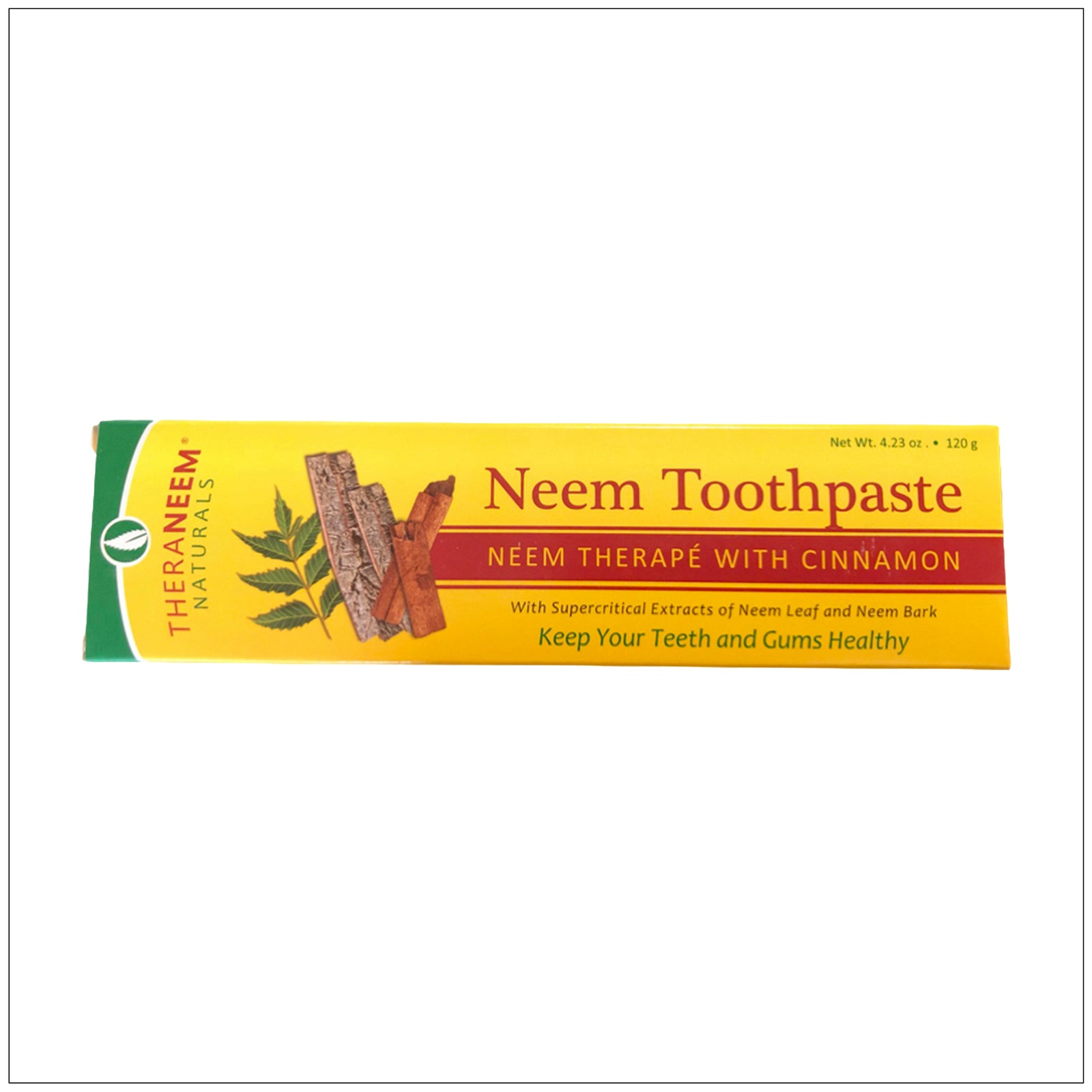 TheraNeem natural neem toothpaste with mint for healthy teeth and gums, sulfate-free and fluoride-free formula.