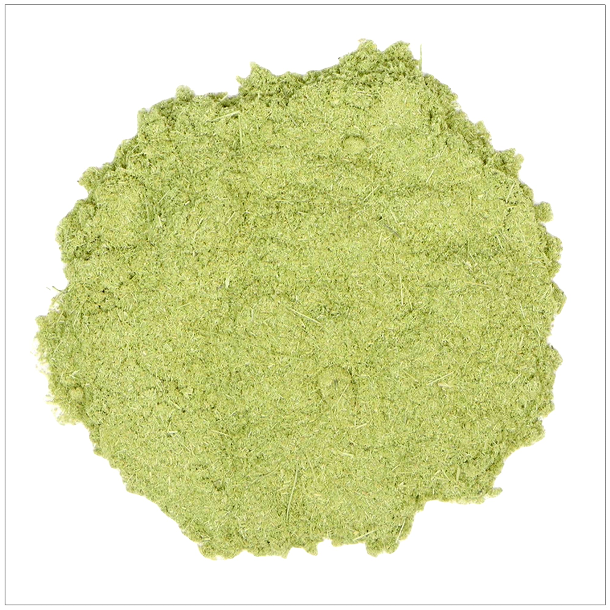 Oatstraw powder in a wooden bowl with fresh oat stalks, perfect for herbal teas and supplements.