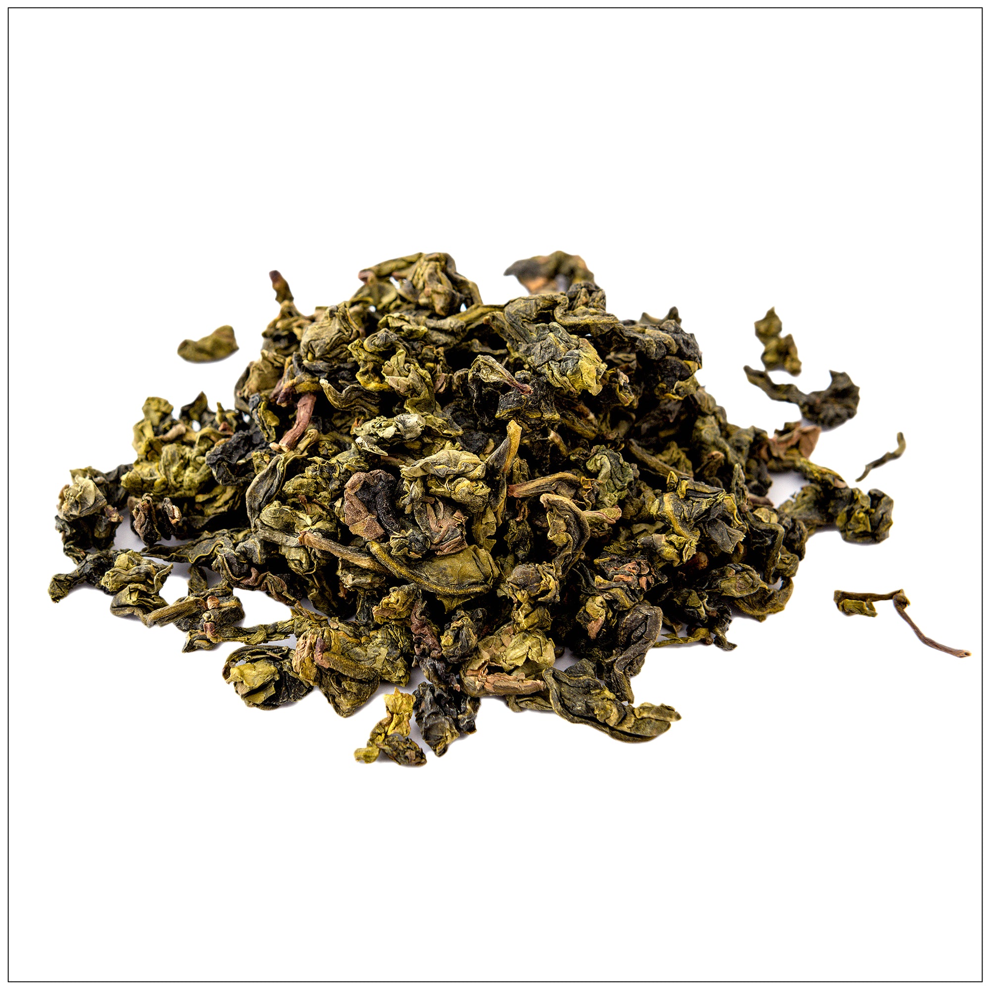 Cup of freshly brewed oolong tea with steam rising, served on a wooden table beside loose tea leaves.