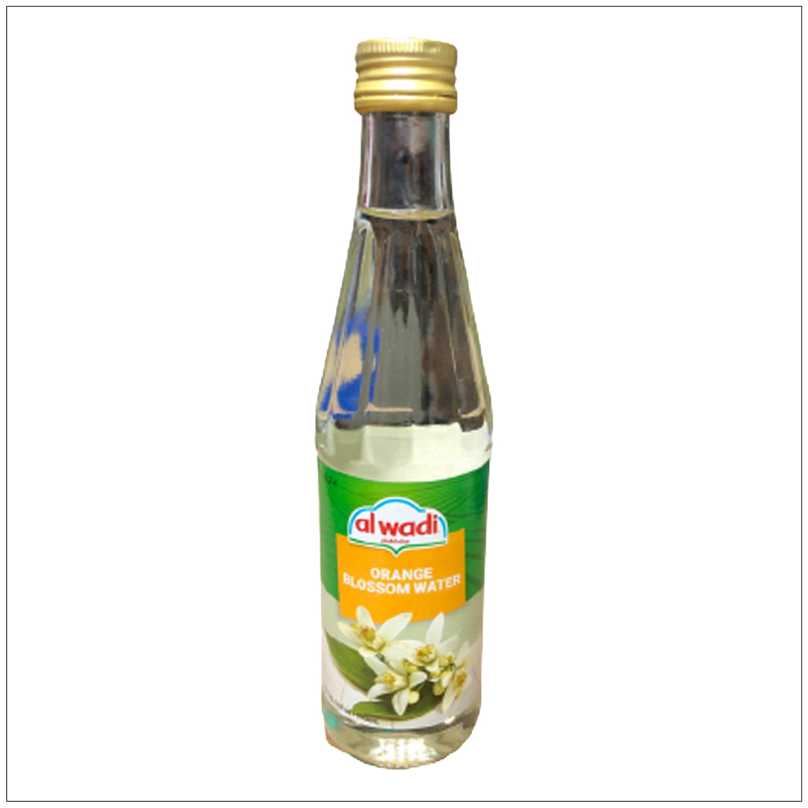 Refreshing AL-WADI Orange Blossom Water in a glass bottle, perfect for desserts, drinks, and skincare use.
