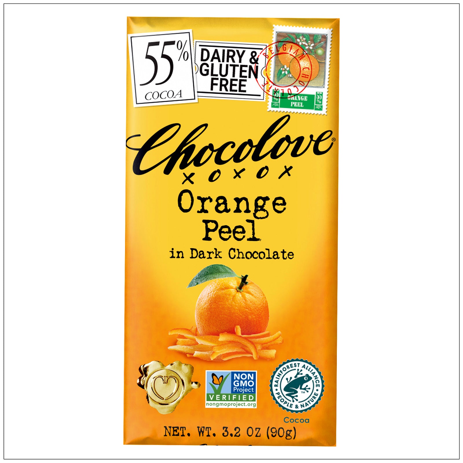 Rich dark chocolate-coated orange peels offering a zesty citrus flavor with a smooth, bittersweet finish.