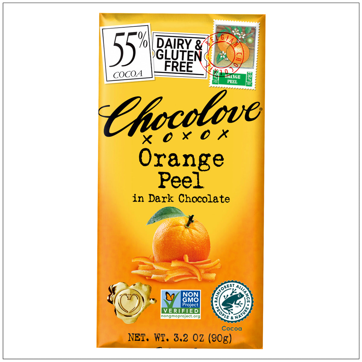 Rich dark chocolate-coated orange peels offering a zesty citrus flavor with a smooth, bittersweet finish.
