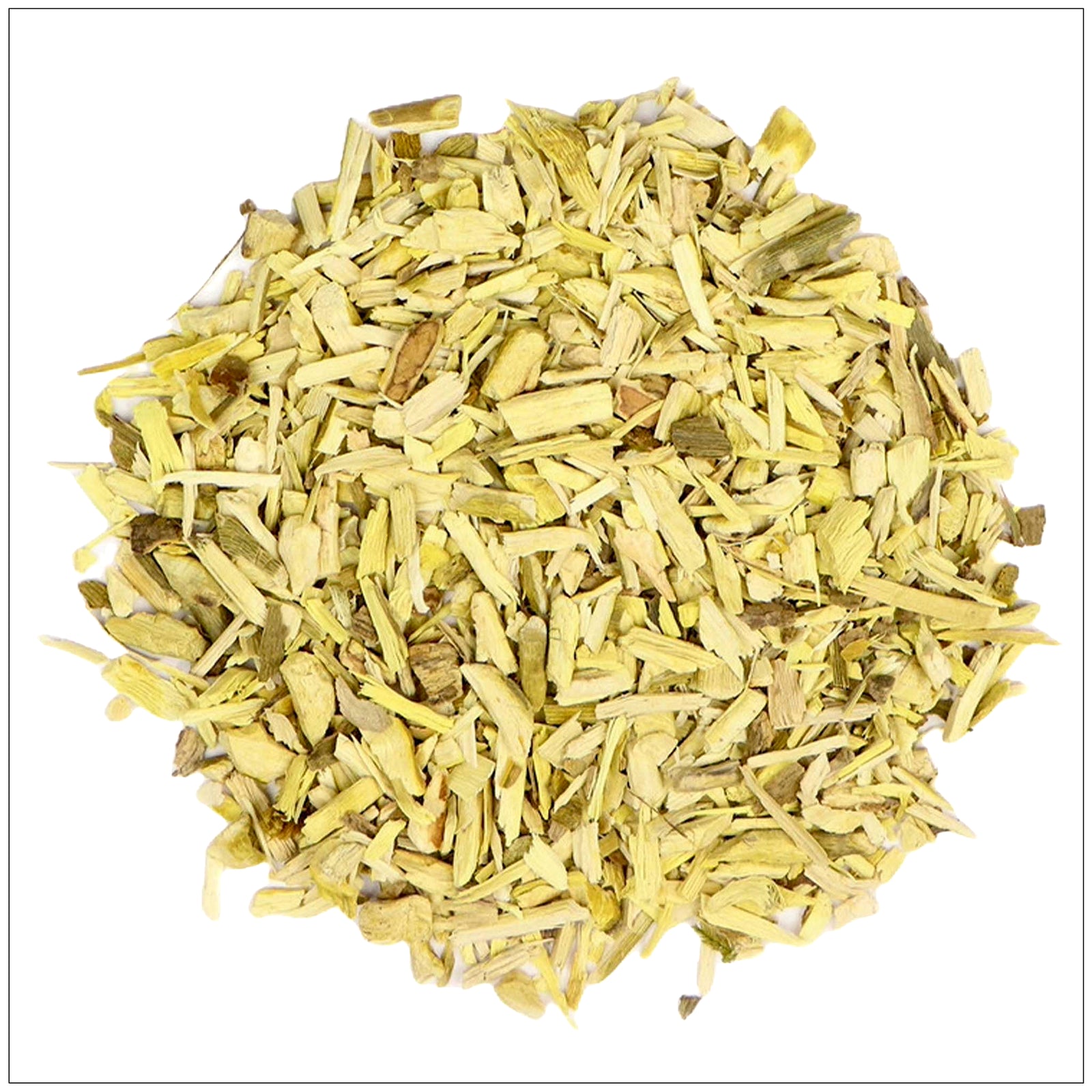 Dried Oregon Grape Root slices on a wooden spoon, used in herbal remedies and natural wellness products.