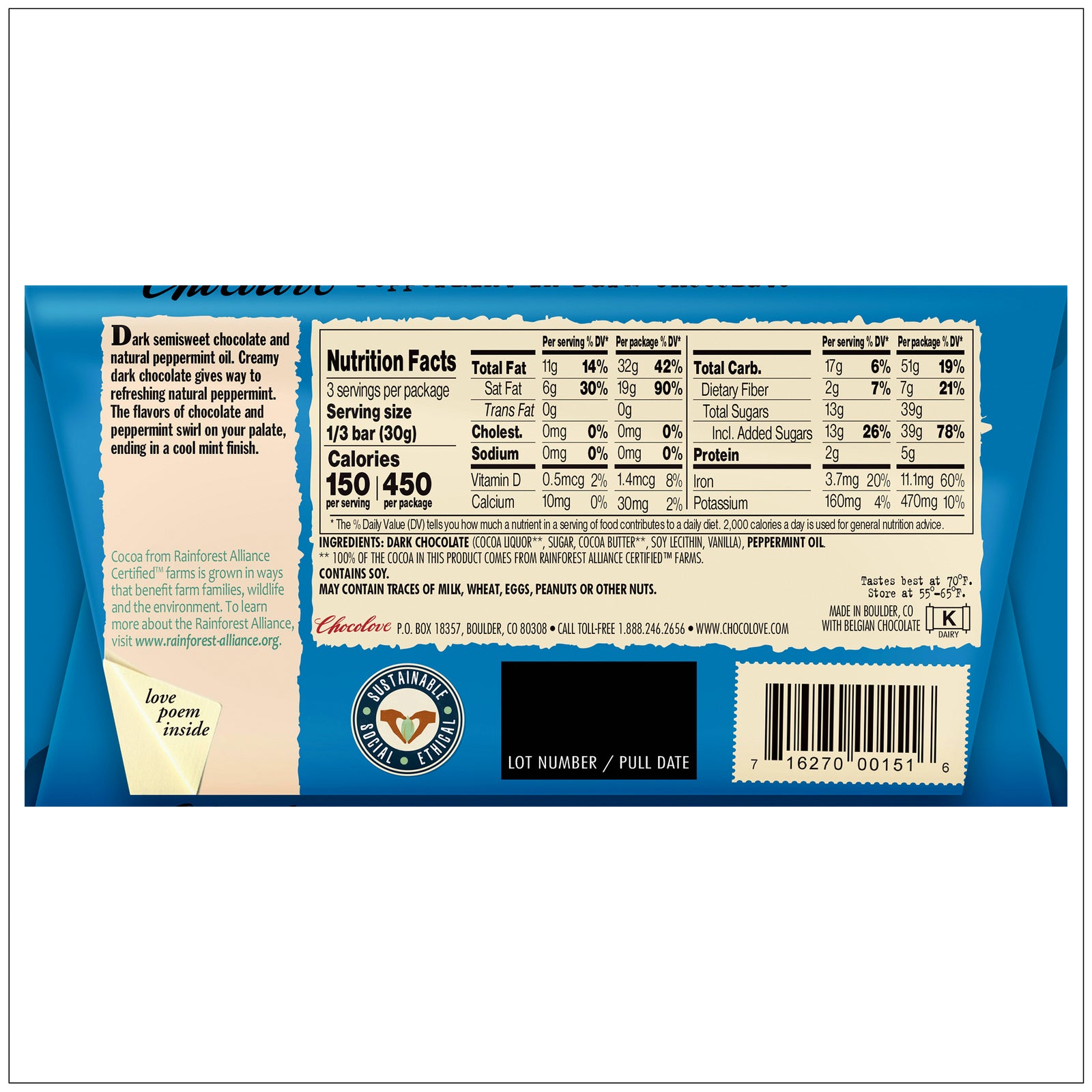 Smooth dark chocolate infused with refreshing peppermint for a rich and minty indulgent treat. Buy it Alive Herbals.