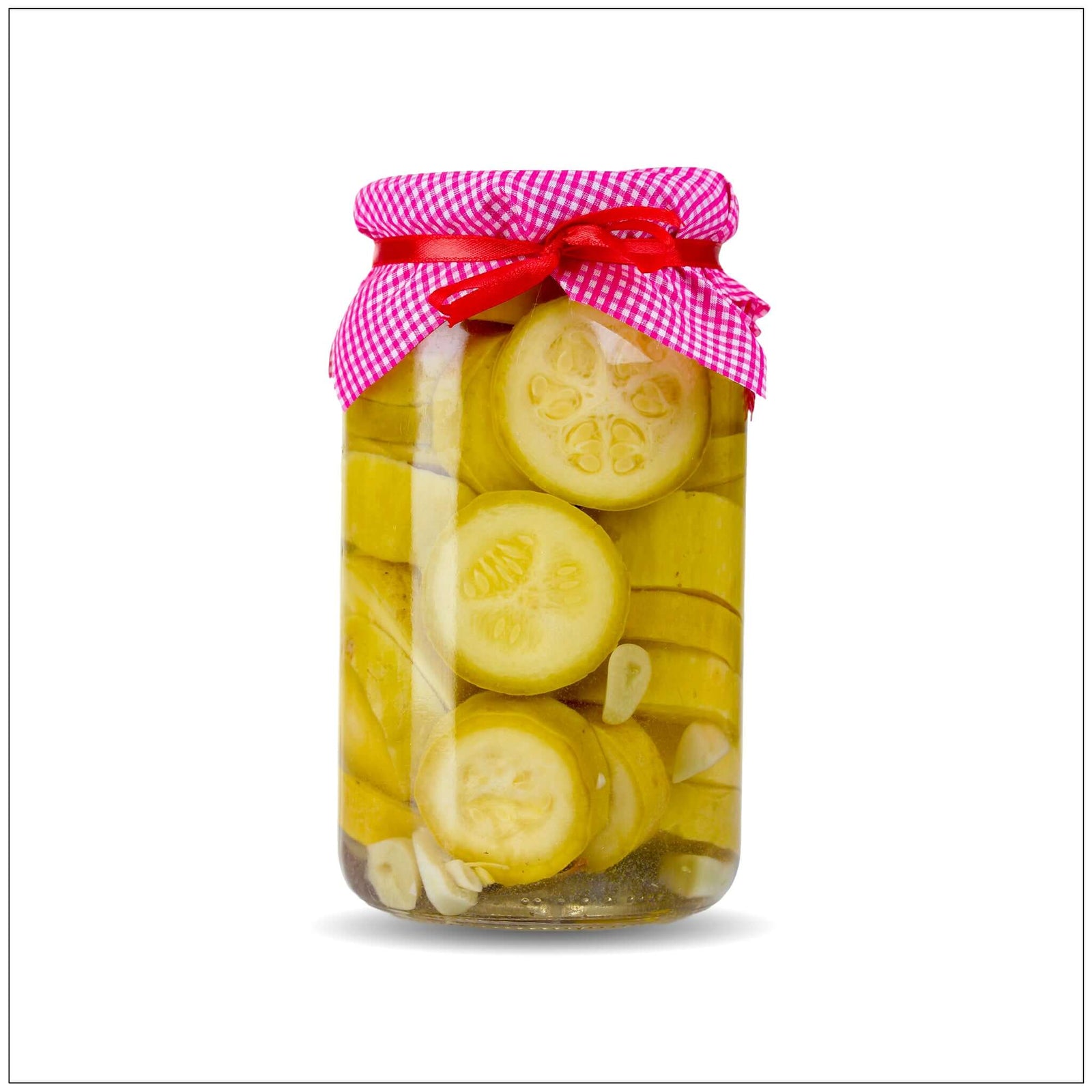 Homemade pickle squash in a gourmet jar, perfect for salads, sandwiches, and snacks in the USA.