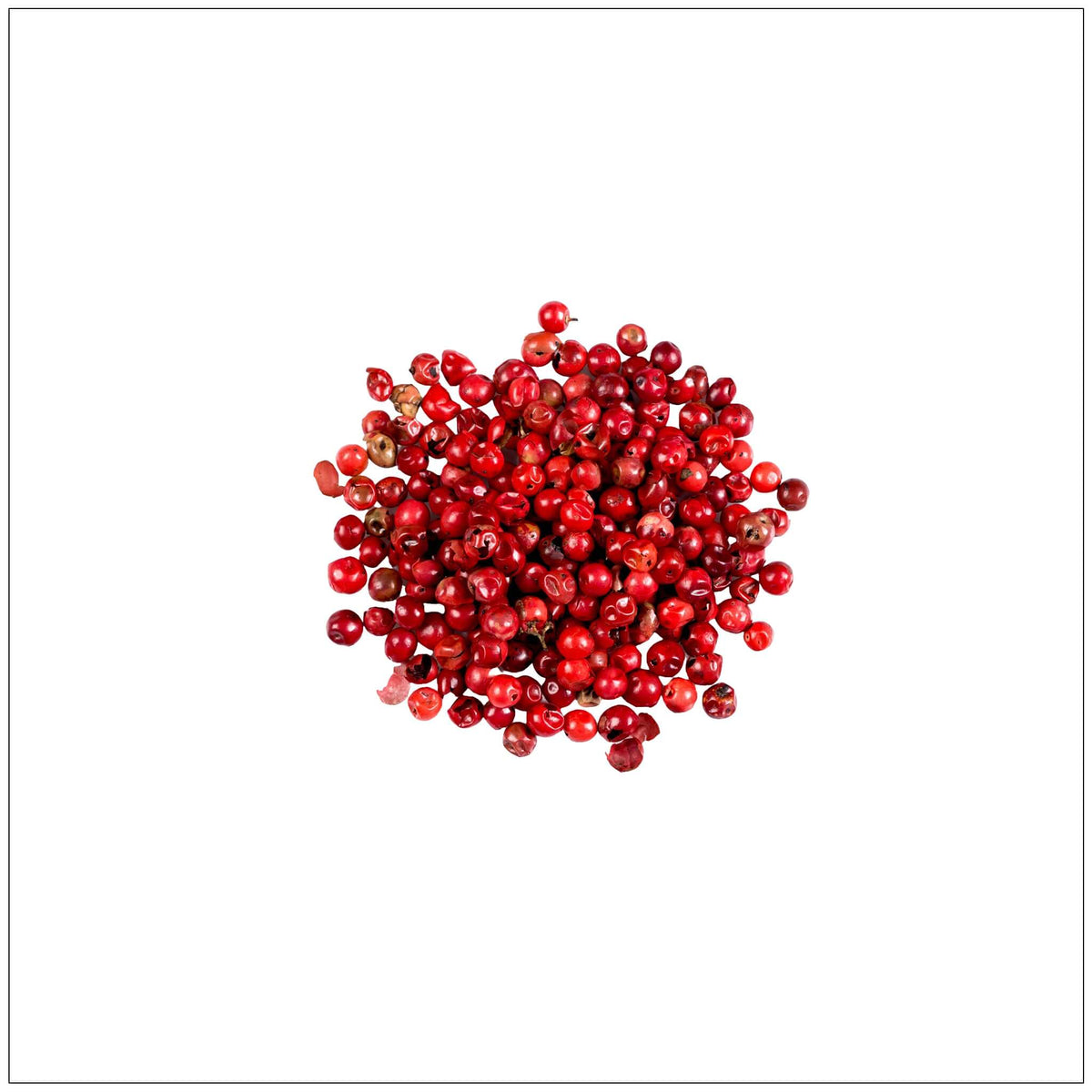 Premium pink peppercorns in a glass jar, grown in the USA, for culinary and gourmet uses