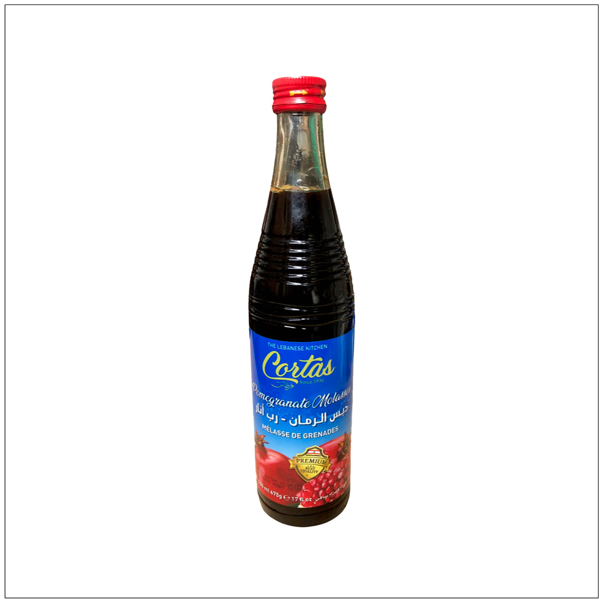 Bottle of Cortas Pomegranate Molasses, rich in flavor and perfect for cooking or salad dressings.
