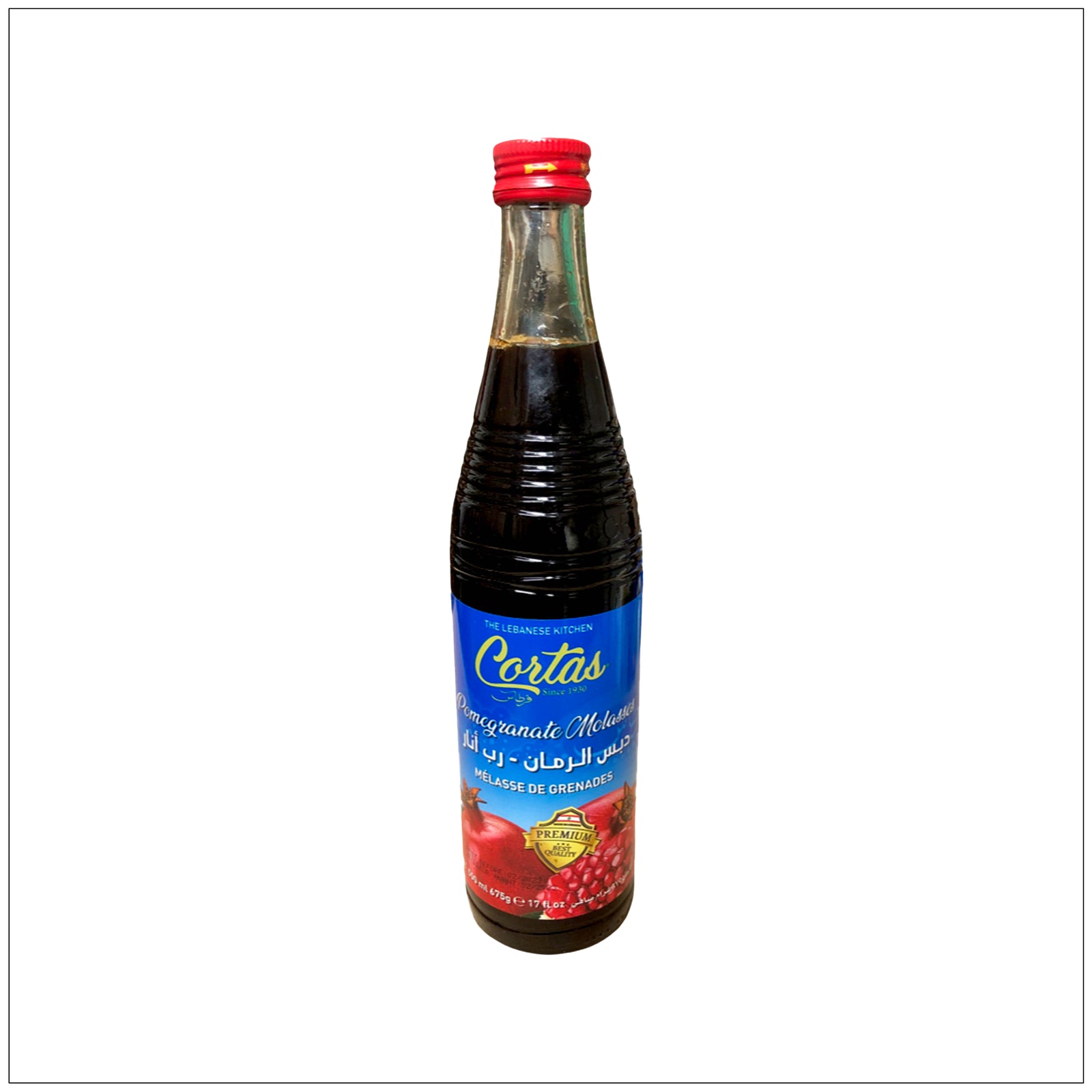 Bottle of Cortas Pomegranate Molasses, rich in flavor and perfect for cooking or salad dressings.