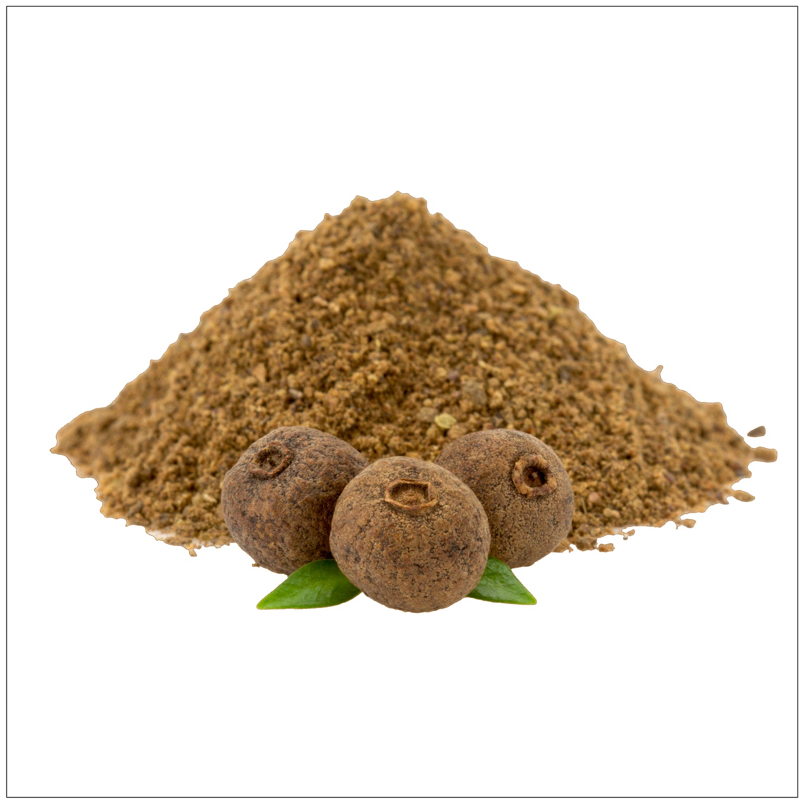 Close-up of finely ground allspice powder in a wooden bowl, surrounded by whole allspice berries, on a rustic wooden table