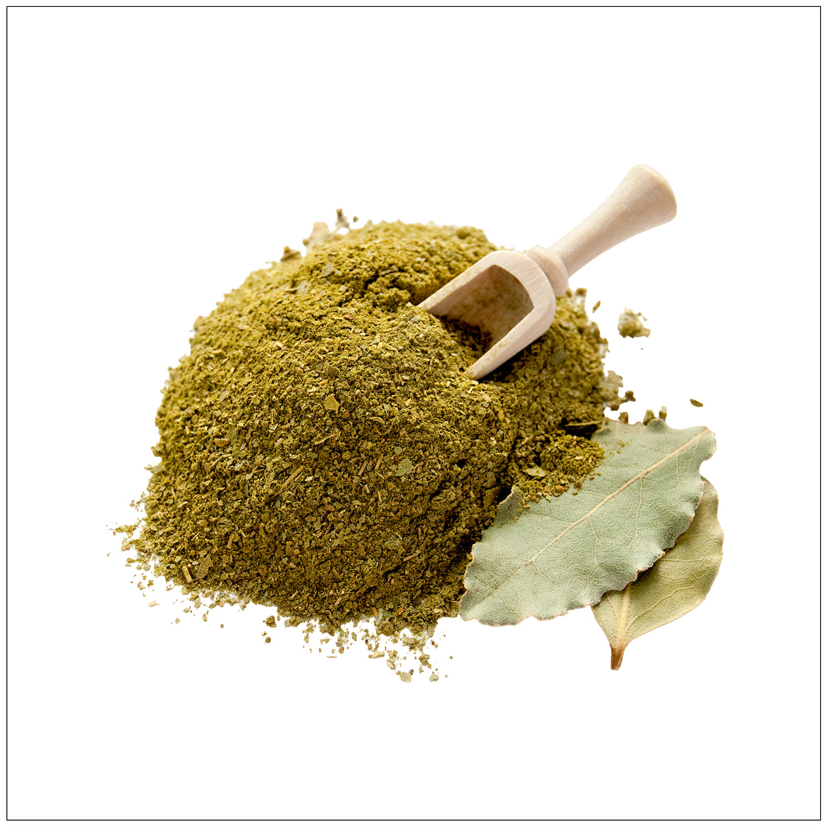 A jar of finely ground, aromatic Bay Leaf Powder with a vibrant green hue.