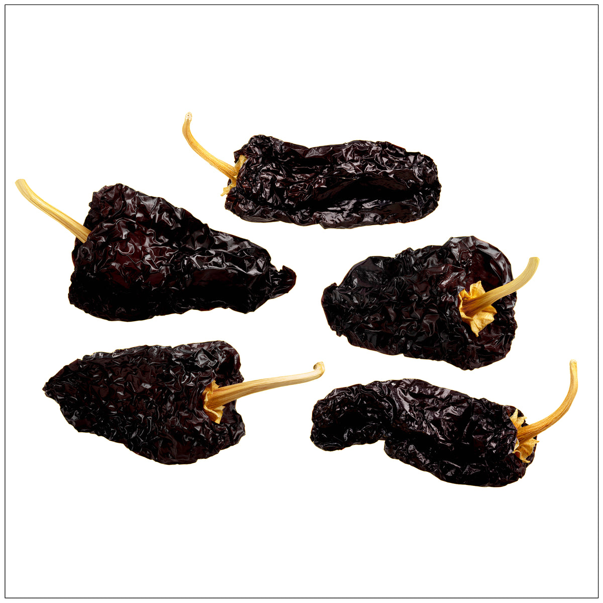 A close-up image of premium dried ancho chiles, showcasing their dark reddish-brown color, slightly wrinkled texture, and glossy finish. Perfect for adding rich, smoky flavor to Mexican and Latin American dishes