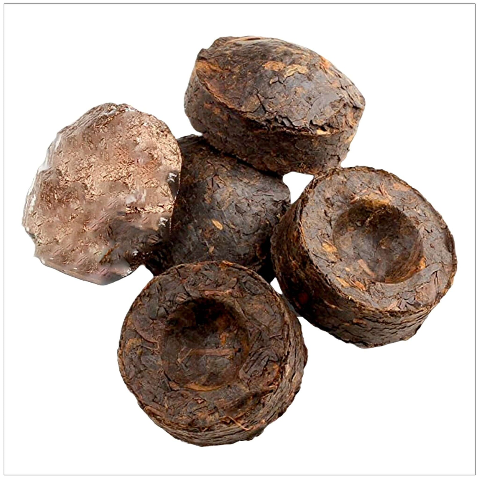 Individually wrapped Pu-Erh Mini Tuo Cha tea cakes with rich, earthy flavor and aged perfection