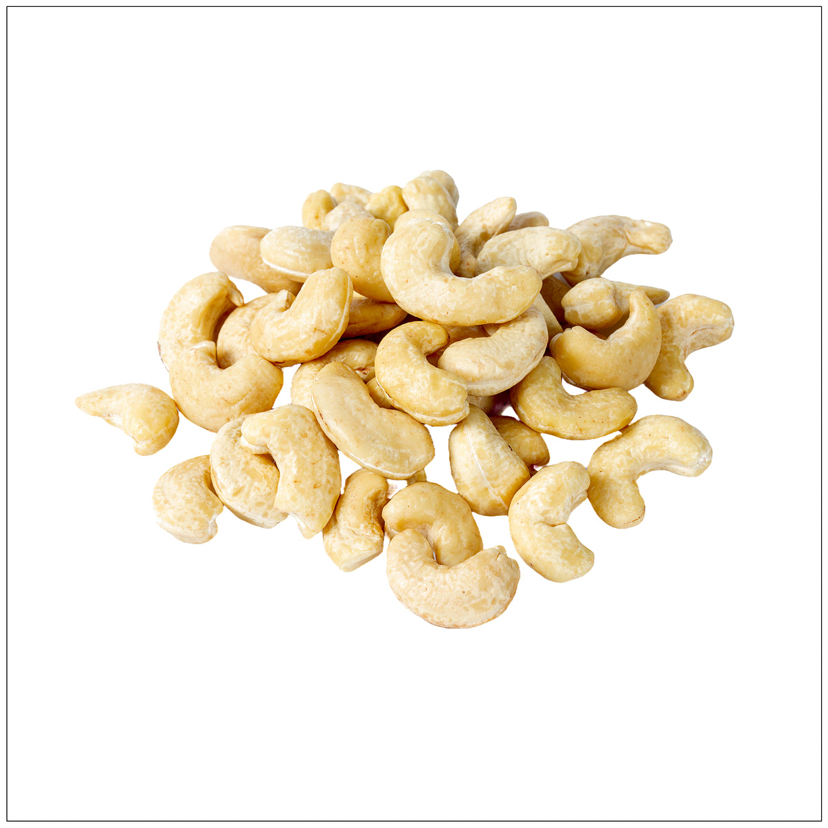 A close-up of raw cashews, showcasing their curved shape and creamy, smooth texture.