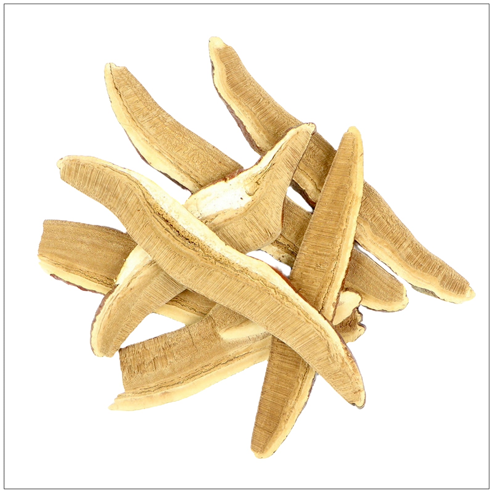 Dried reishi mushroom slices laid out on a wooden surface for herbal and medicinal use