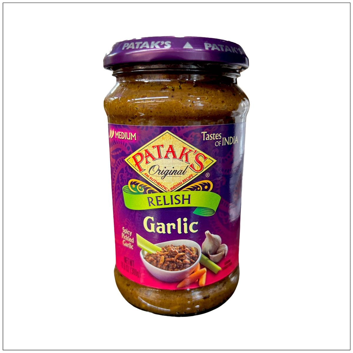 Tangy and spicy Relish Garlic Pickle Medium made with fresh garlic and aromatic spices for authentic Indian flavor.