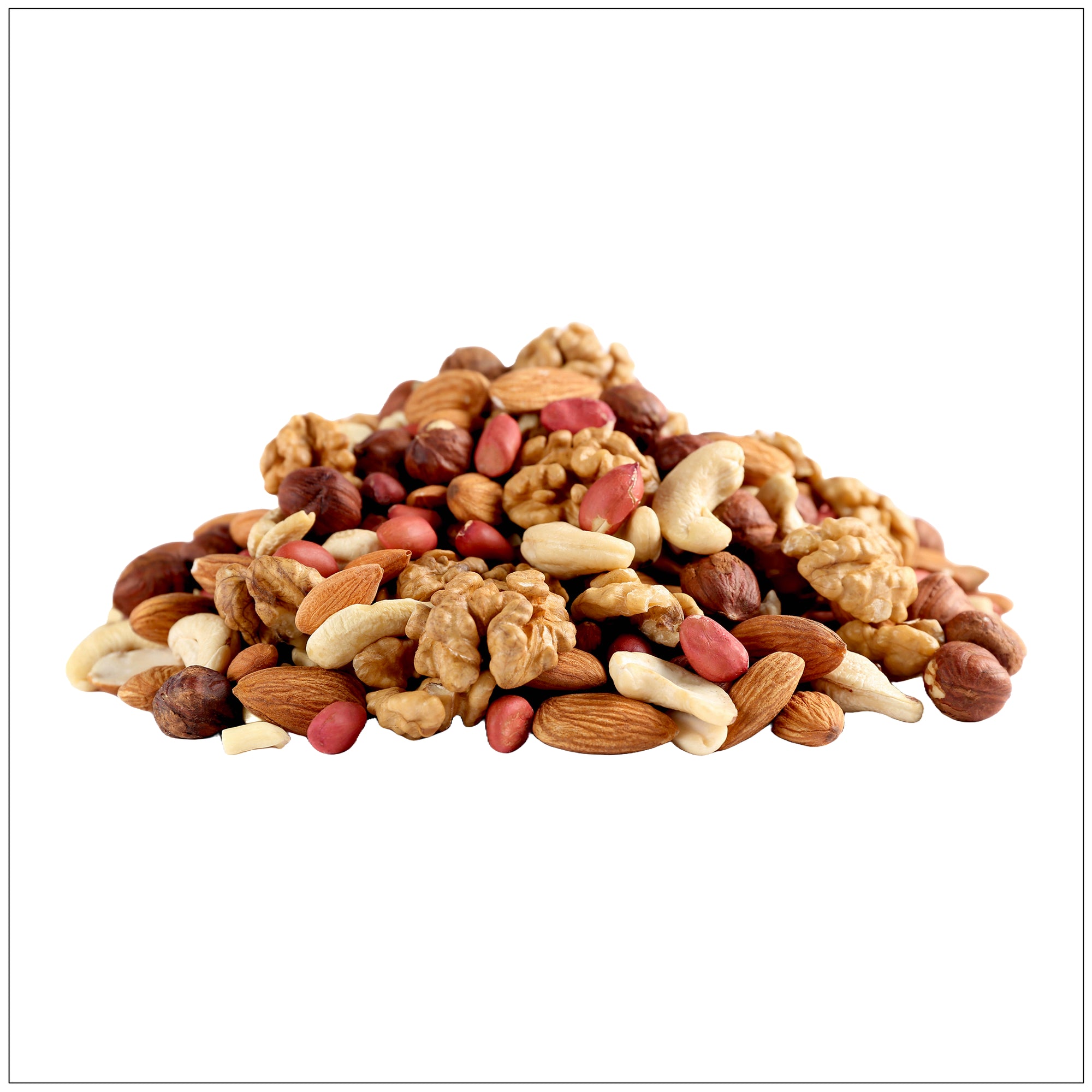 A close-up of roasted mixed nuts, including almonds, cashews, and pecans, with a golden-brown color and a glossy texture.