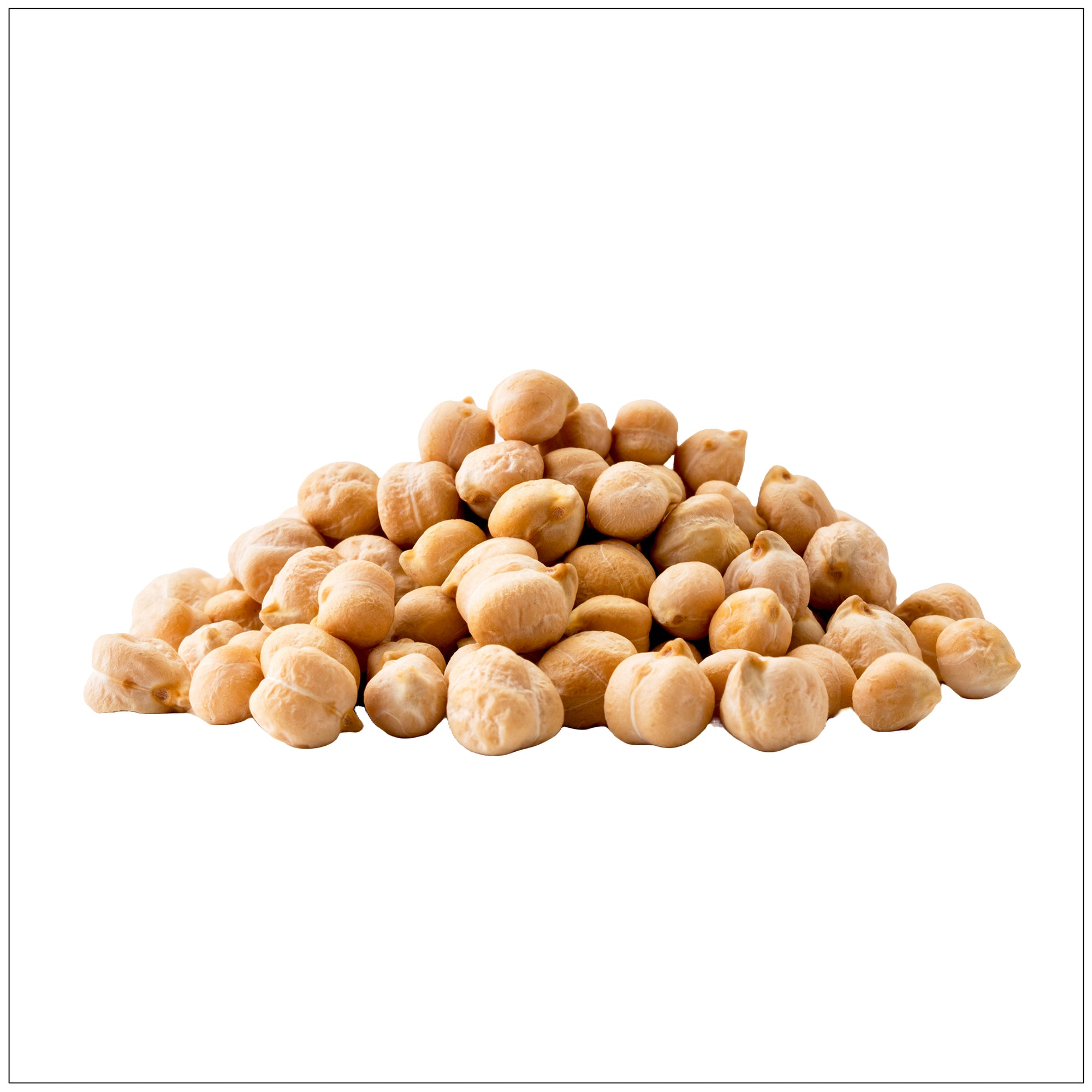 Close-up of roasted unsalted chickpeas, golden-brown and crunchy, piled together on a white background