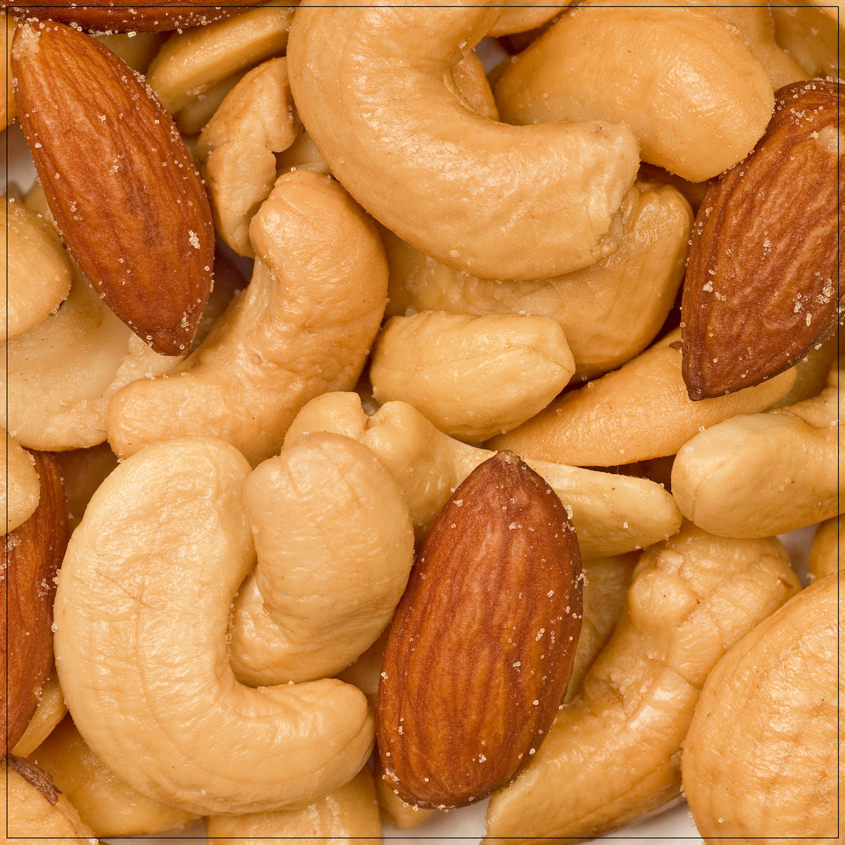 A mix of roasted unsalted nuts, golden-brown, crunchy, and naturally flavorful.