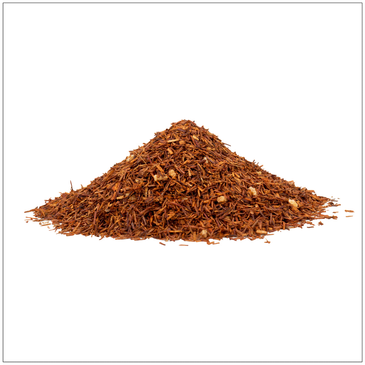 Cup of freshly brewed Rooibos tea with loose leaves on a wooden table, rich red color, caffeine-free herbal drink.