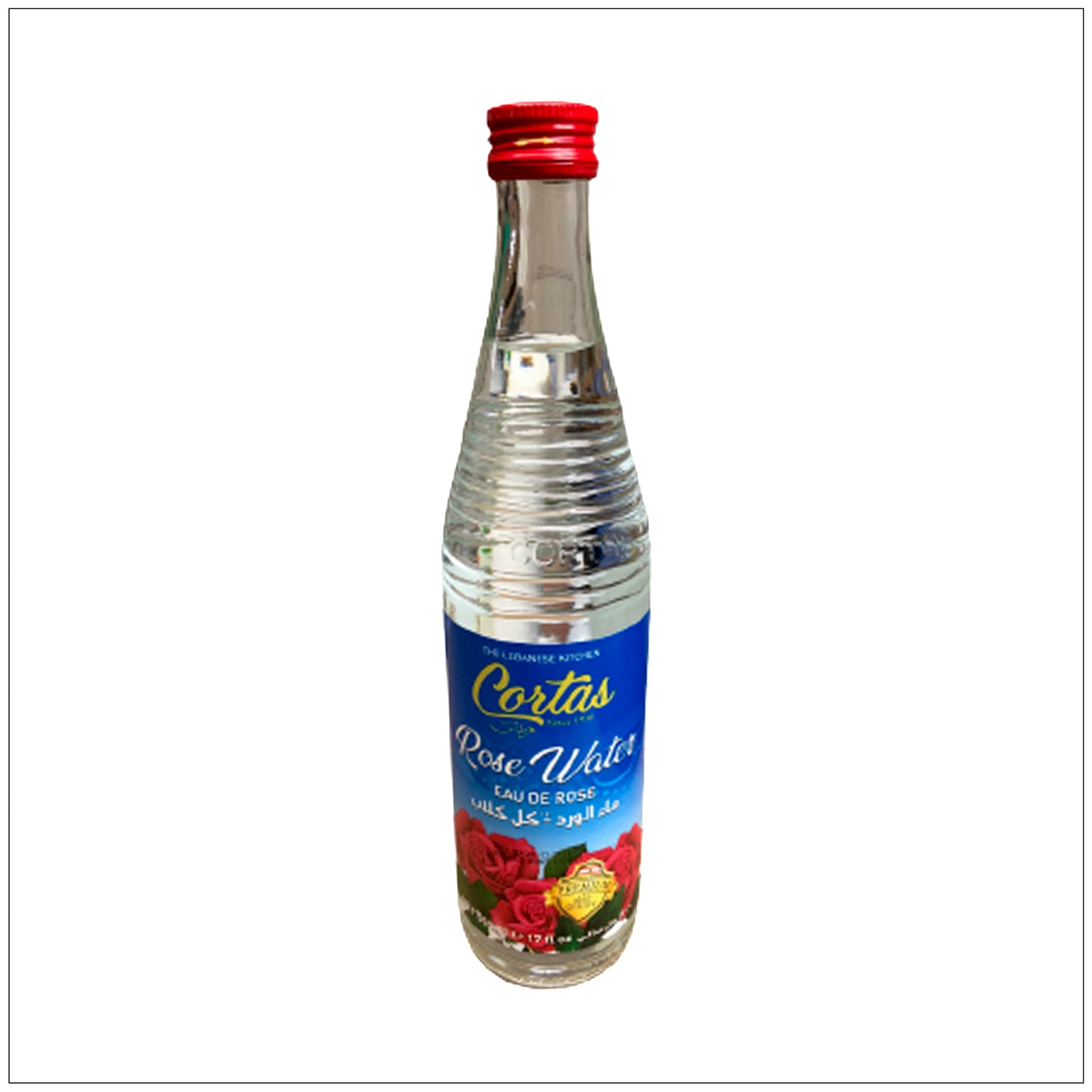 Premium Cortas Rose Water in glass bottle, ideal for culinary use, skincare, and natural fragrance enhancement.