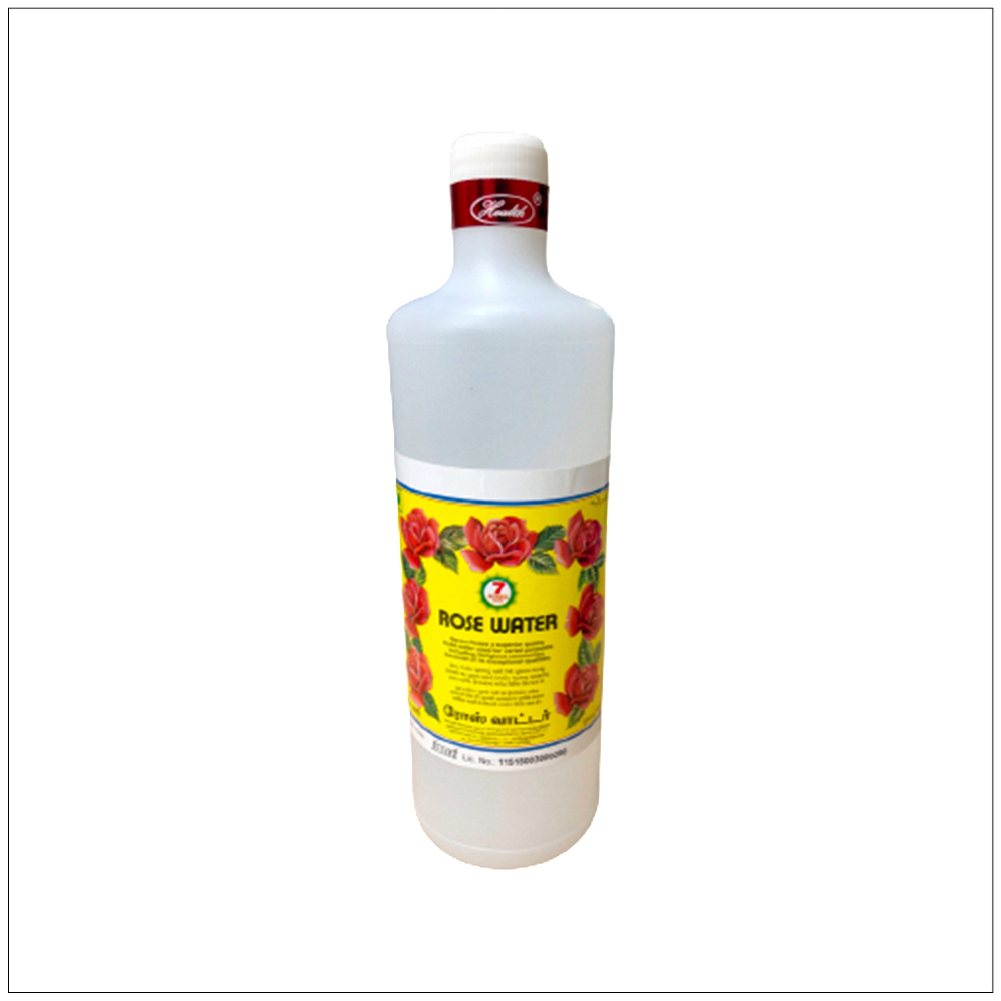 7 Roses Brand Rose Water in a clear bottle, natural floral toner and skin refresher made from premium rose petals.