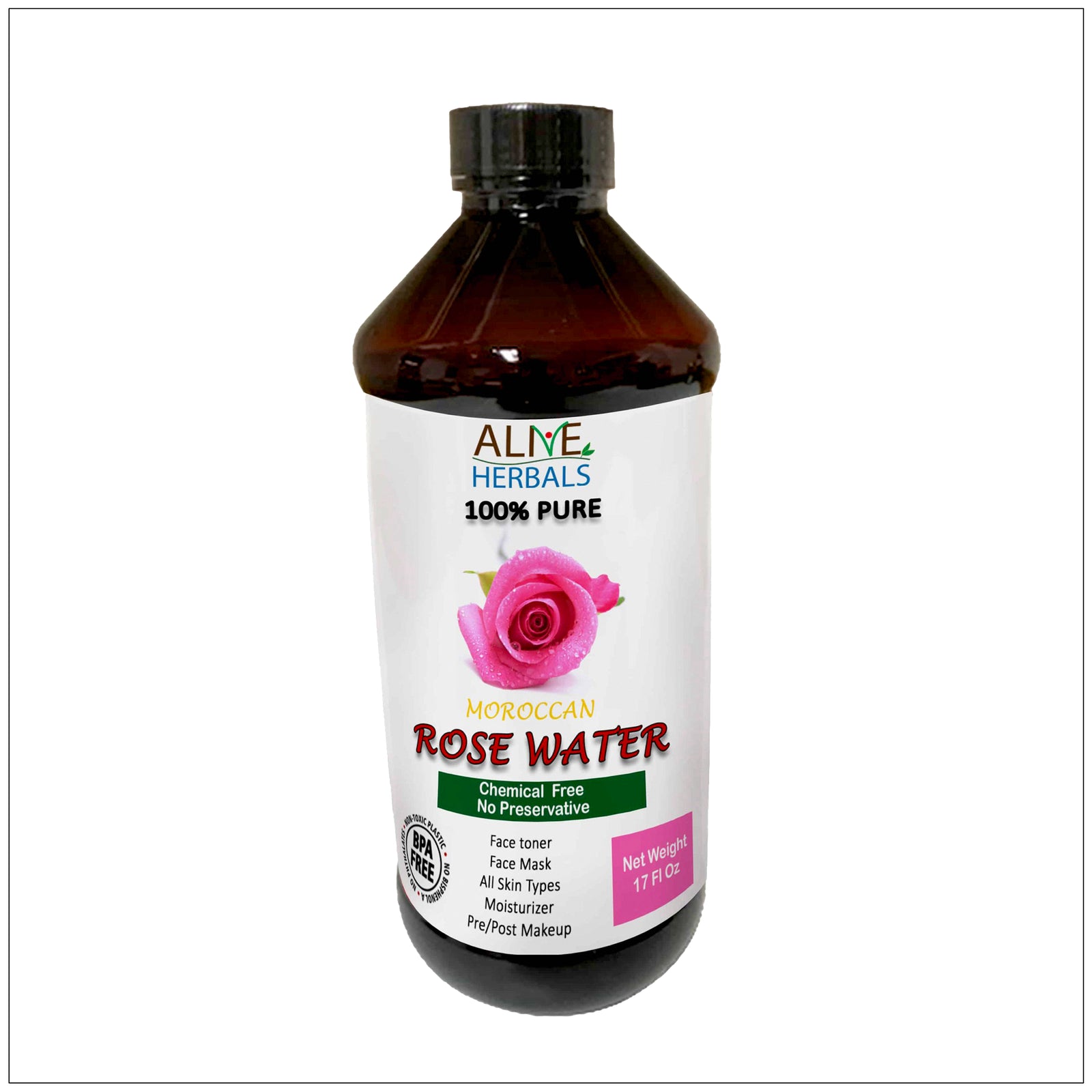 Gentle rose water face spray in a clear bottle, perfect for hydrating and refreshing all skin types naturally.