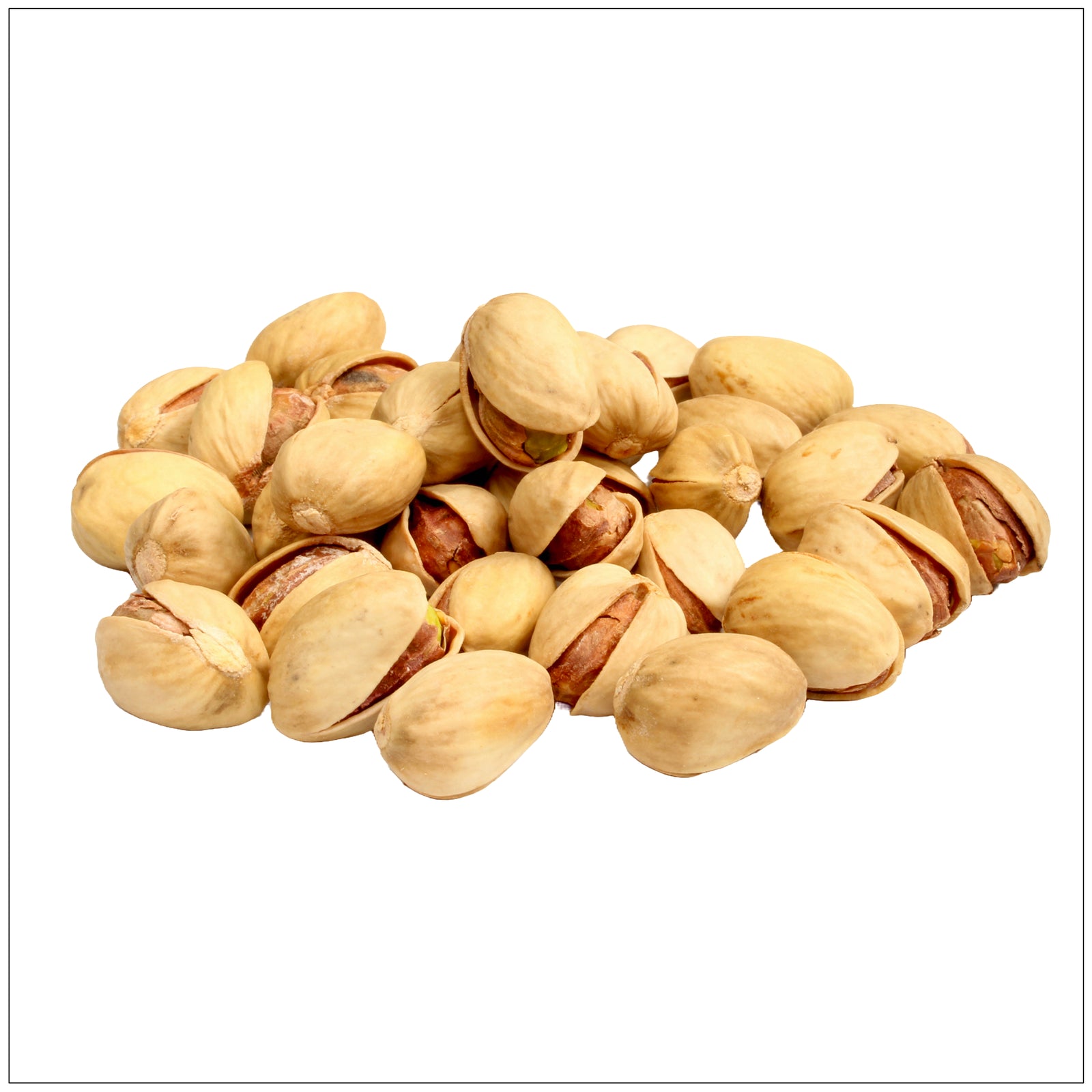 A close-up of salted roasted pistachios in their shells, with a golden-brown hue.