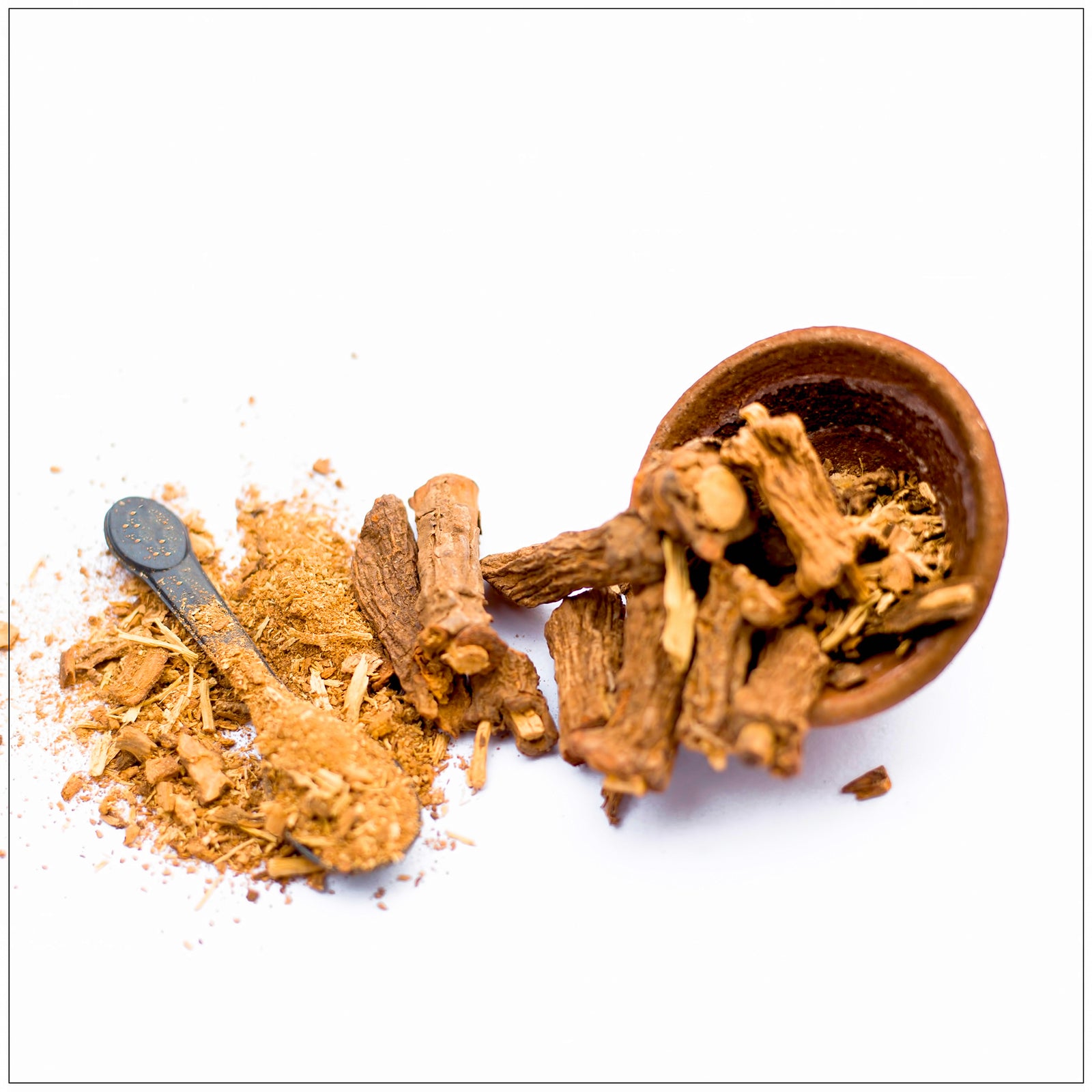 Sarsaparilla root powder in a clear pouch, ideal for teas, supplements, and herbal remedies.
