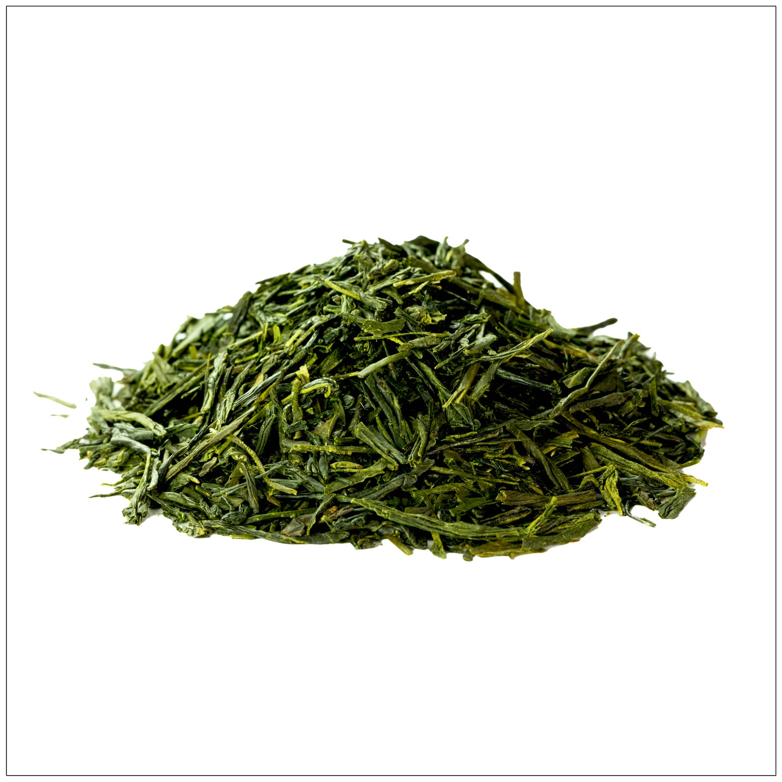 Cup of steaming Sencha green tea with fresh leaves on a wooden table, highlighting its vibrant green color.