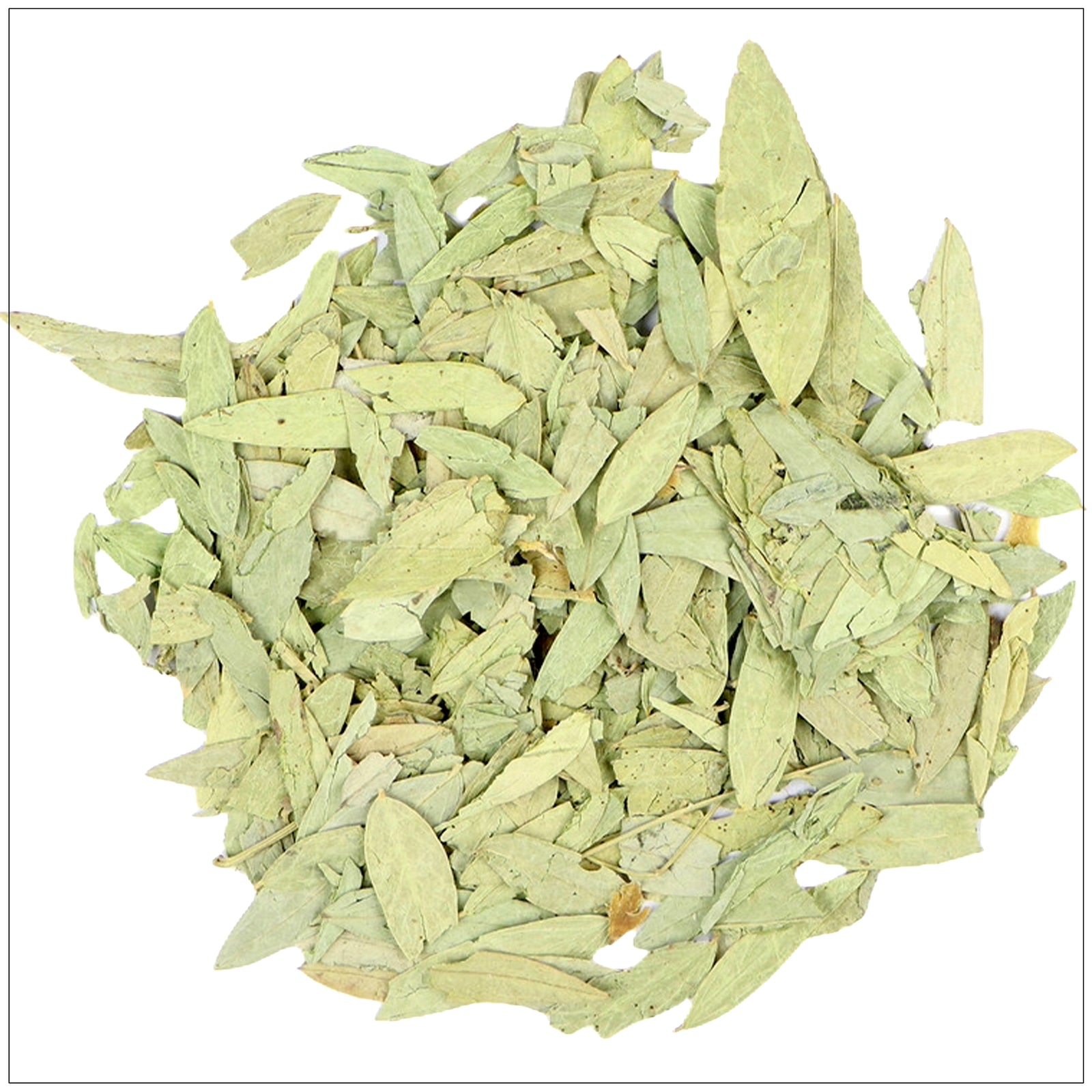Dried Senna leaves in a bowl, used as a natural herbal laxative for digestive health support.
