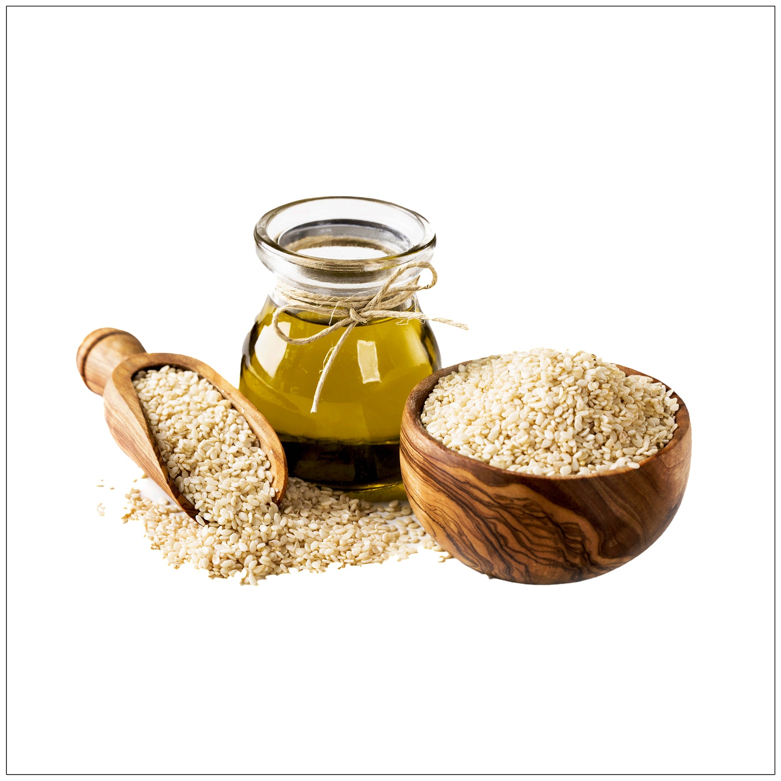 Golden sesame seed oil in a glass bottle with seeds, ideal for cooking and skincare, natural and cold-pressed.