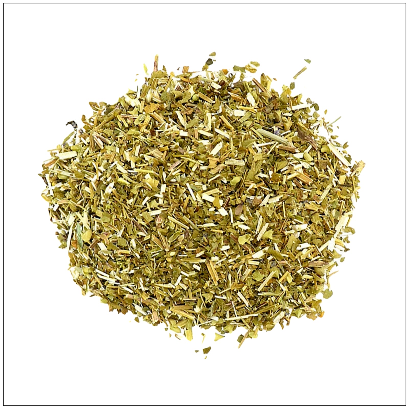 Dried Skullcap herb in a glass jar on a wooden table, used for calming and natural wellness support.