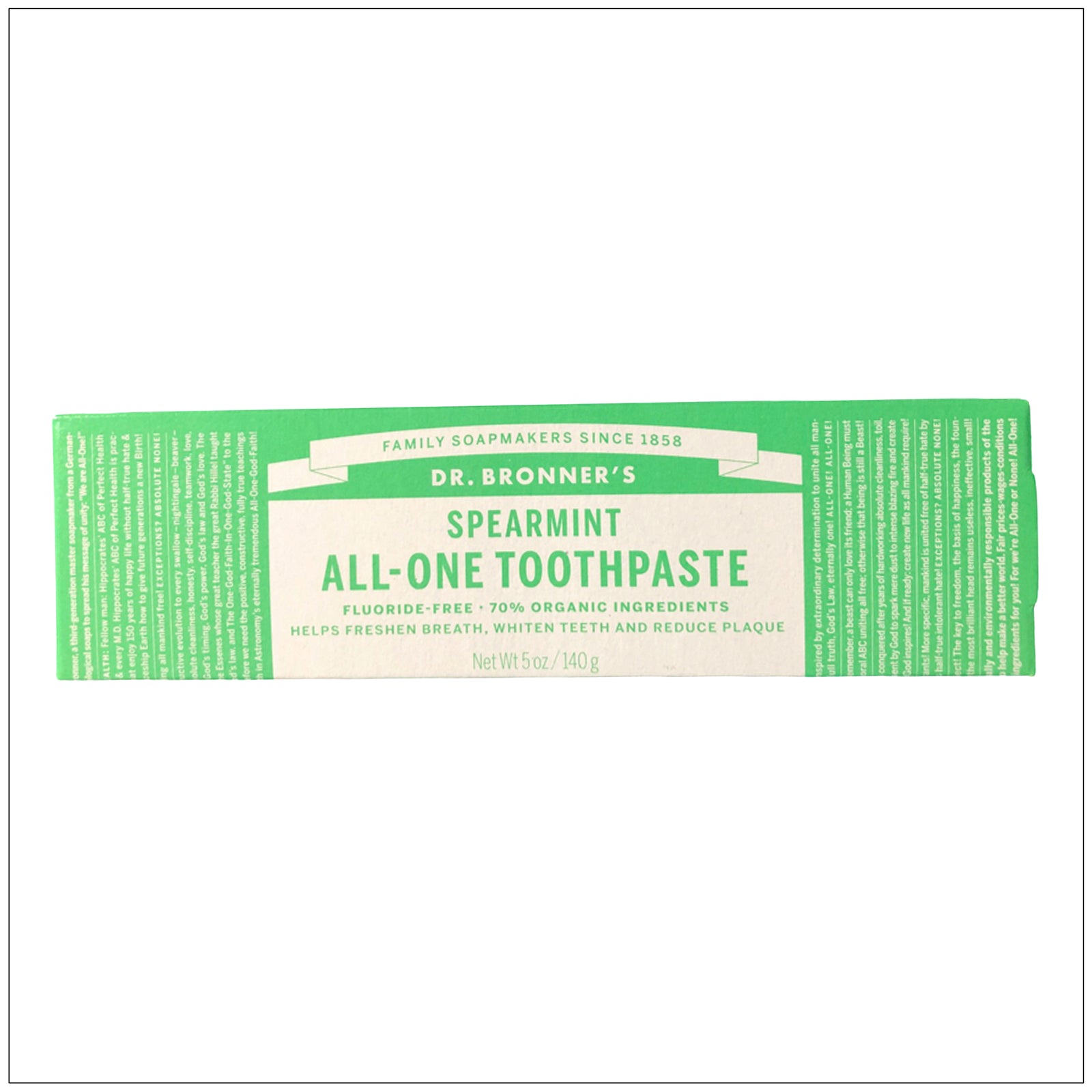 Natural Spearmint All-One Toothpaste with organic ingredients for a refreshing and fluoride-free clean.