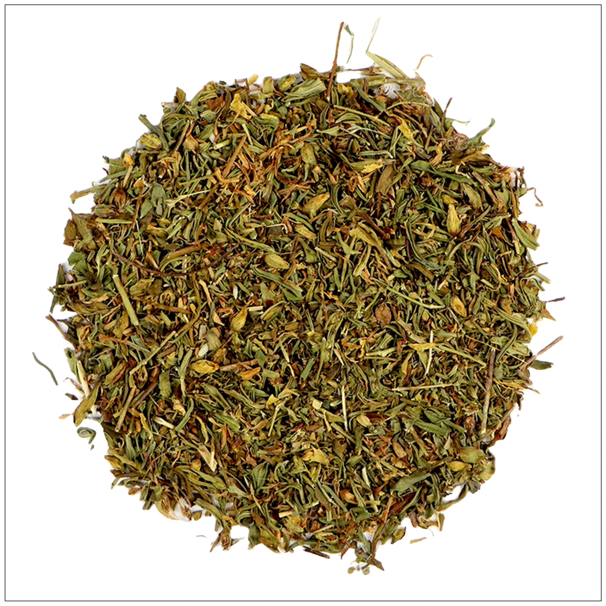 Dried cut St. John's Wort herb for natural mood support, packaged for quality and freshness.