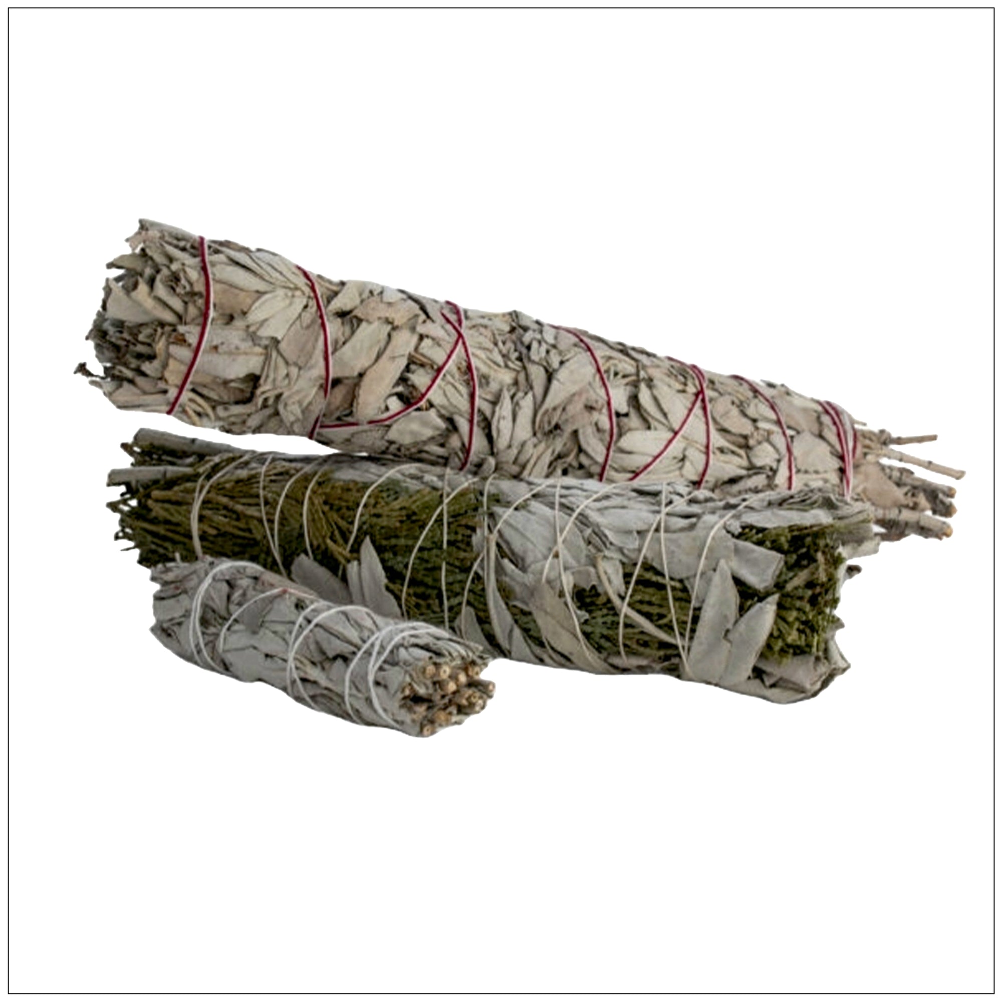 Dried sweetgrass and sage bundles tied with string, used for cleansing and spiritual rituals.