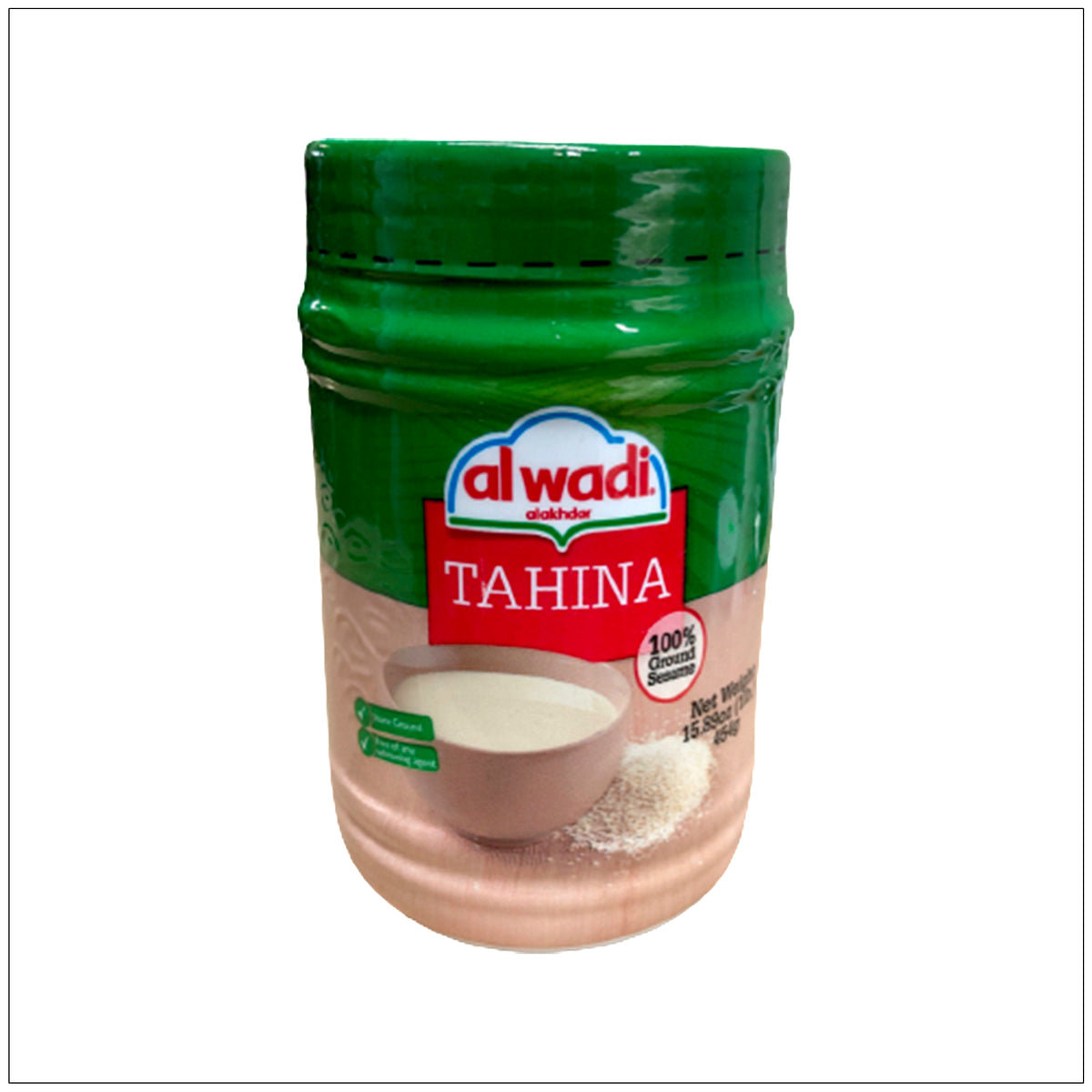 Creamy Al Wadi Tahina made from 100% ground sesame seeds, ideal for dips, dressings, and Mediterranean recipes.