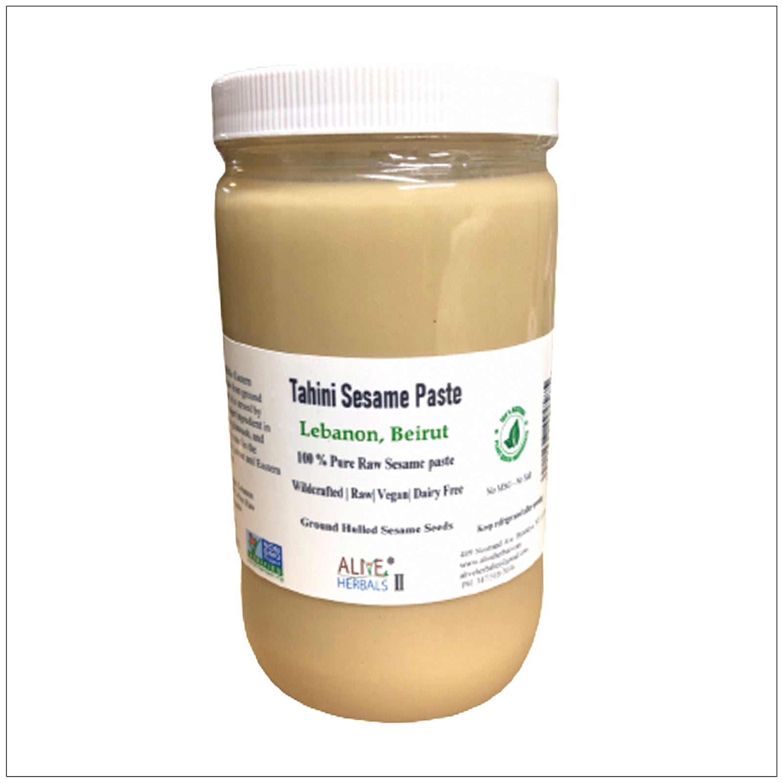 Creamy Tahini Sesame Paste in a jar by Alive Herbals, perfect for dressings, dips, and Mediterranean recipes.
