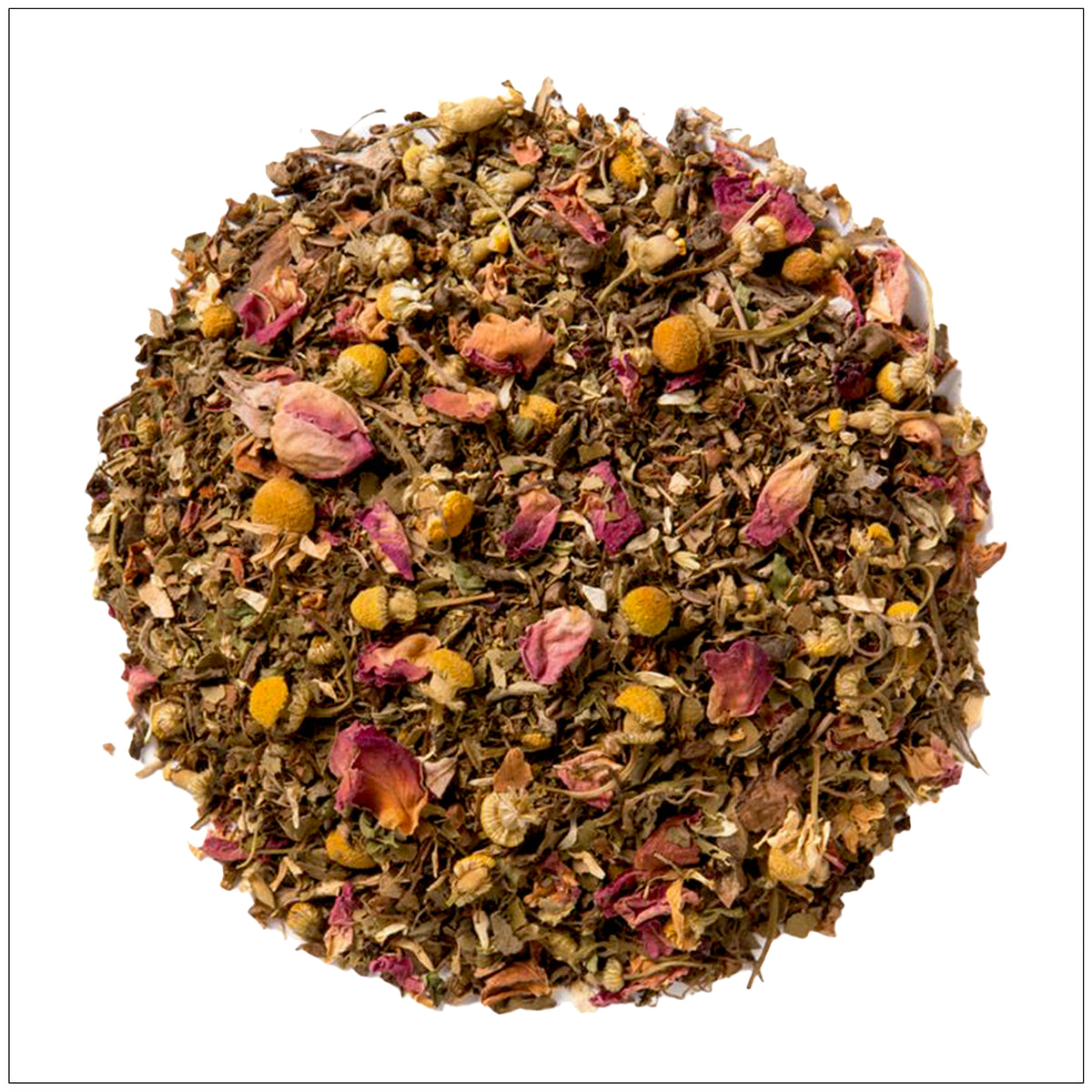 Cup of Tulsi Rose Tea with dried tulsi leaves and rose petals on a wooden table, calming herbal blend.