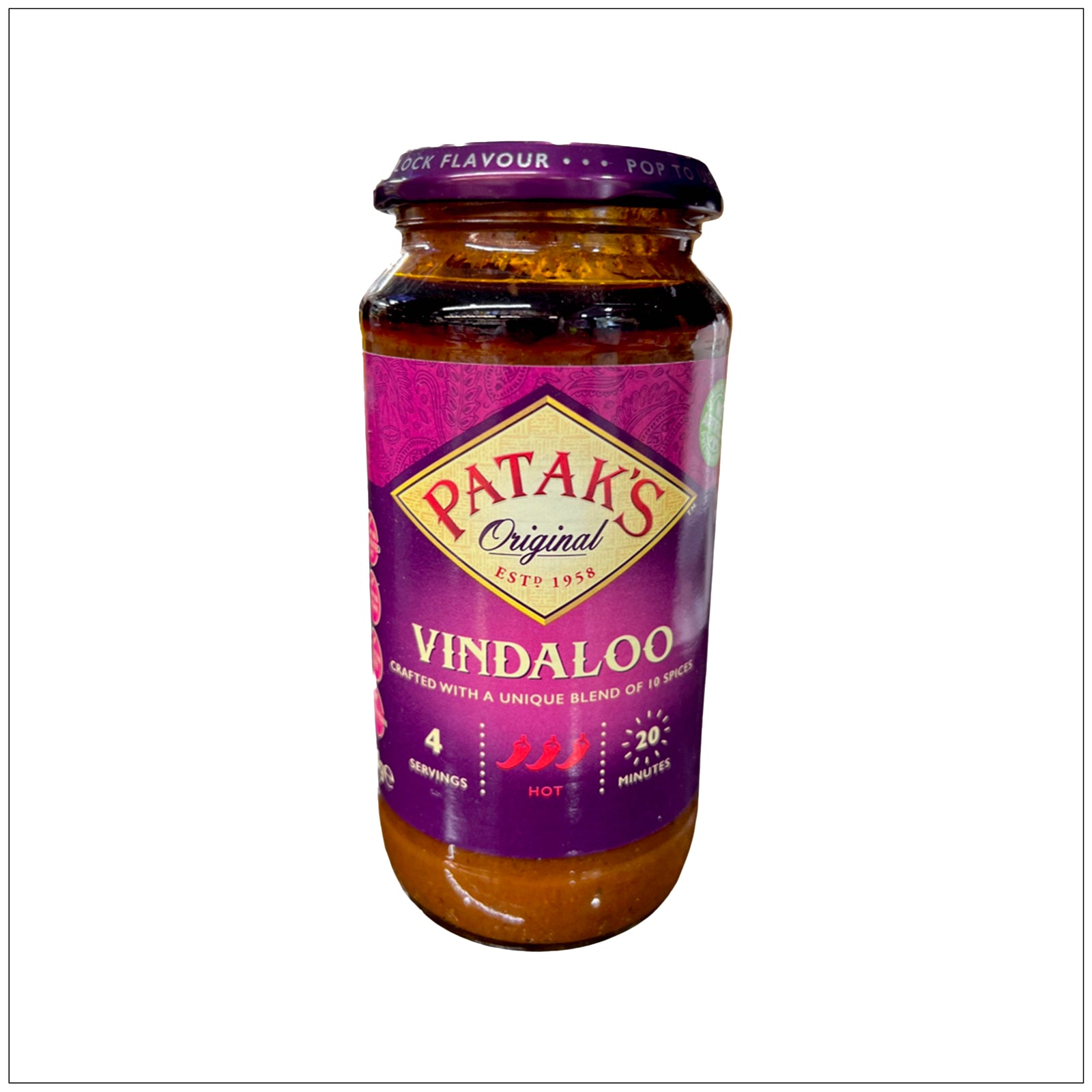 Authentic Vindaloo Hot Simmer Sauce bottle, spicy Indian curry sauce perfect for flavorful home-cooked meals.