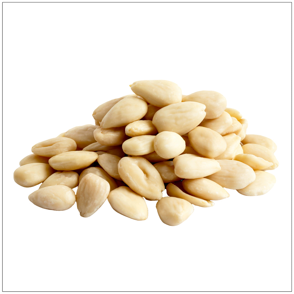 A close-up of whole blanched almonds, smooth, creamy-white, and oval-shaped.