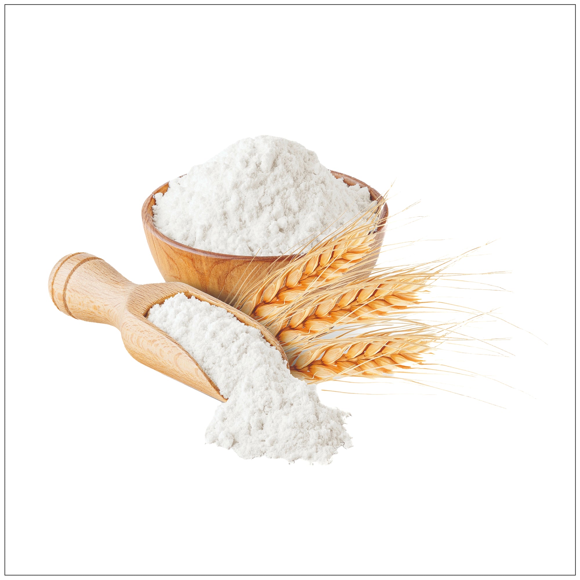 Fresh whole wheat flour in a wooden bowl, ideal for baking bread, cookies, and healthy home cooking.