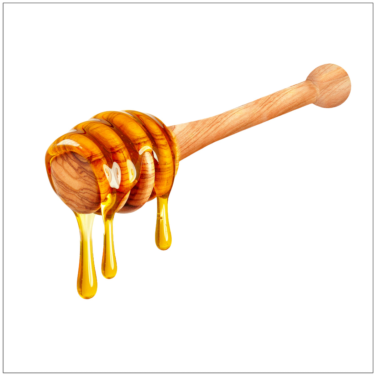 Wooden honey dipper dripping golden honey into a glass jar on a rustic kitchen table.