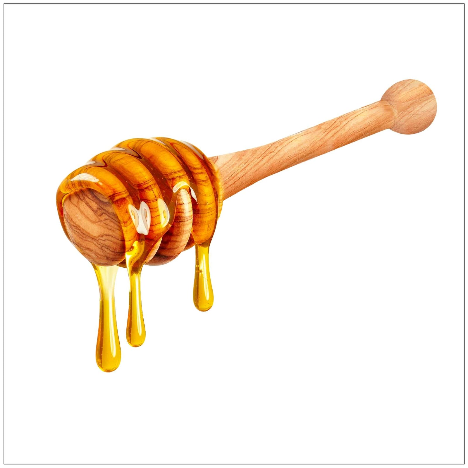 Wooden honey dipper dripping golden honey into a glass jar on a rustic kitchen table.