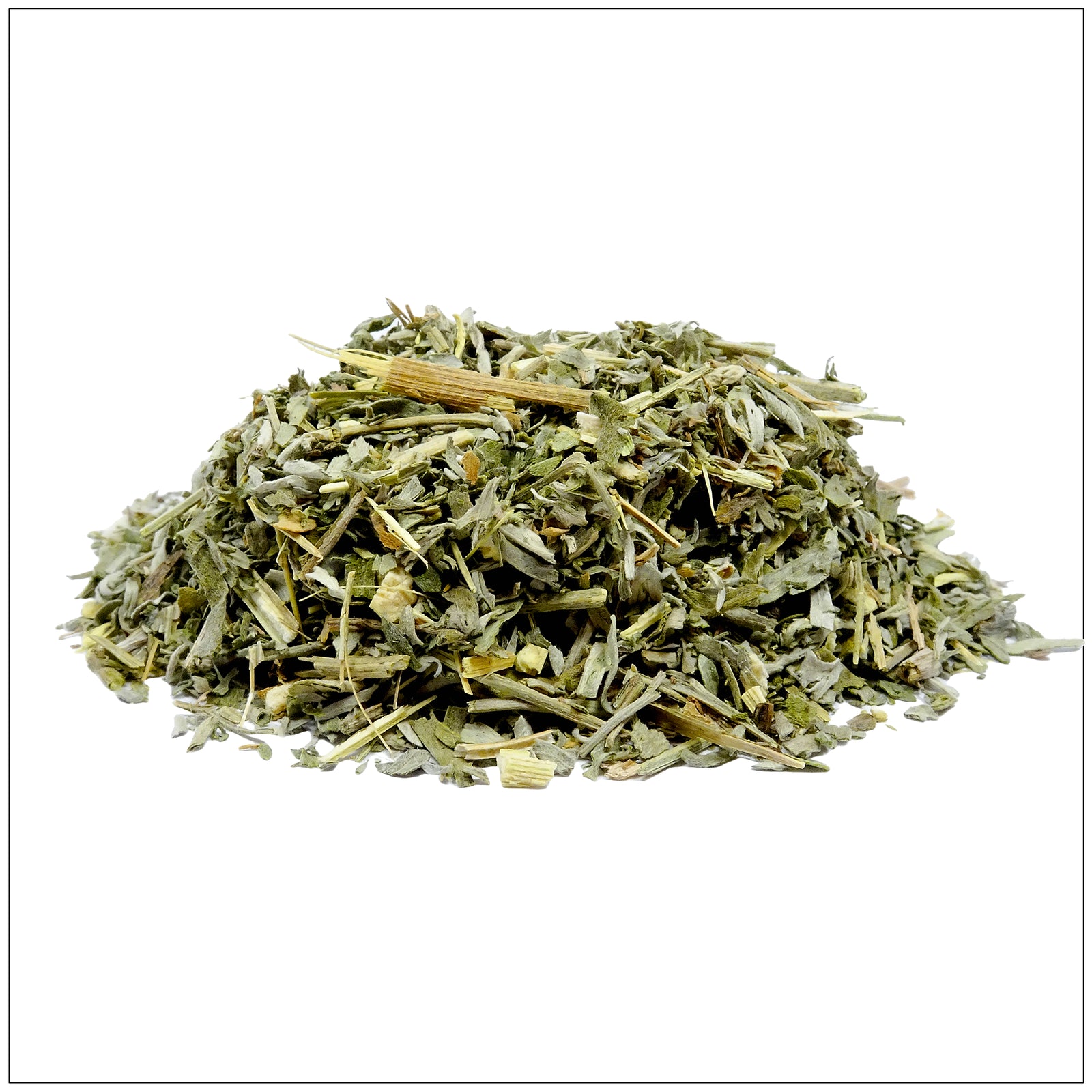 Dried wormwood herb used in herbal remedies, known for its bitter taste and digestive health benefits.