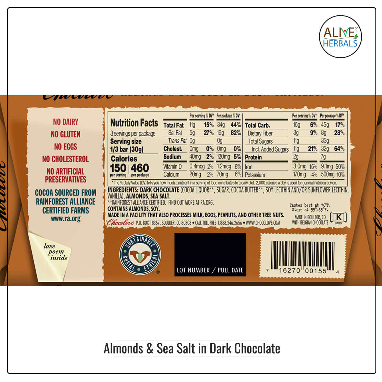 Almonds & Sea Salt in Dark Chocolate - Buy at Natural Food Store | Alive Herbals.