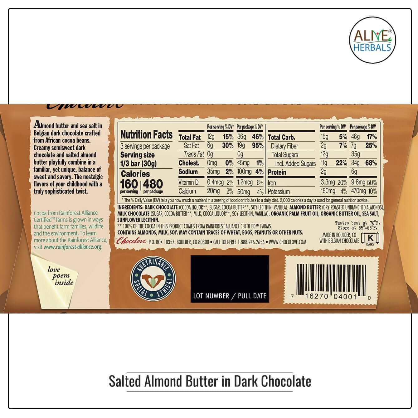 Salted Almond Butter in Dark Chocolate - Buy at Natural Food Store | Alive Herbals.